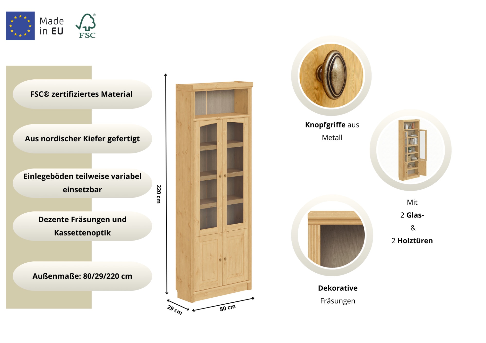 GOODproduct Vitrine »Soeren Regal mit 2 Glastüren und 2 Holztüren, B/TH: 80/29/220 cm« Kiefer FSC®-zertifiziert, 1 offenes Fach, 6 Fächer hinter den Türen