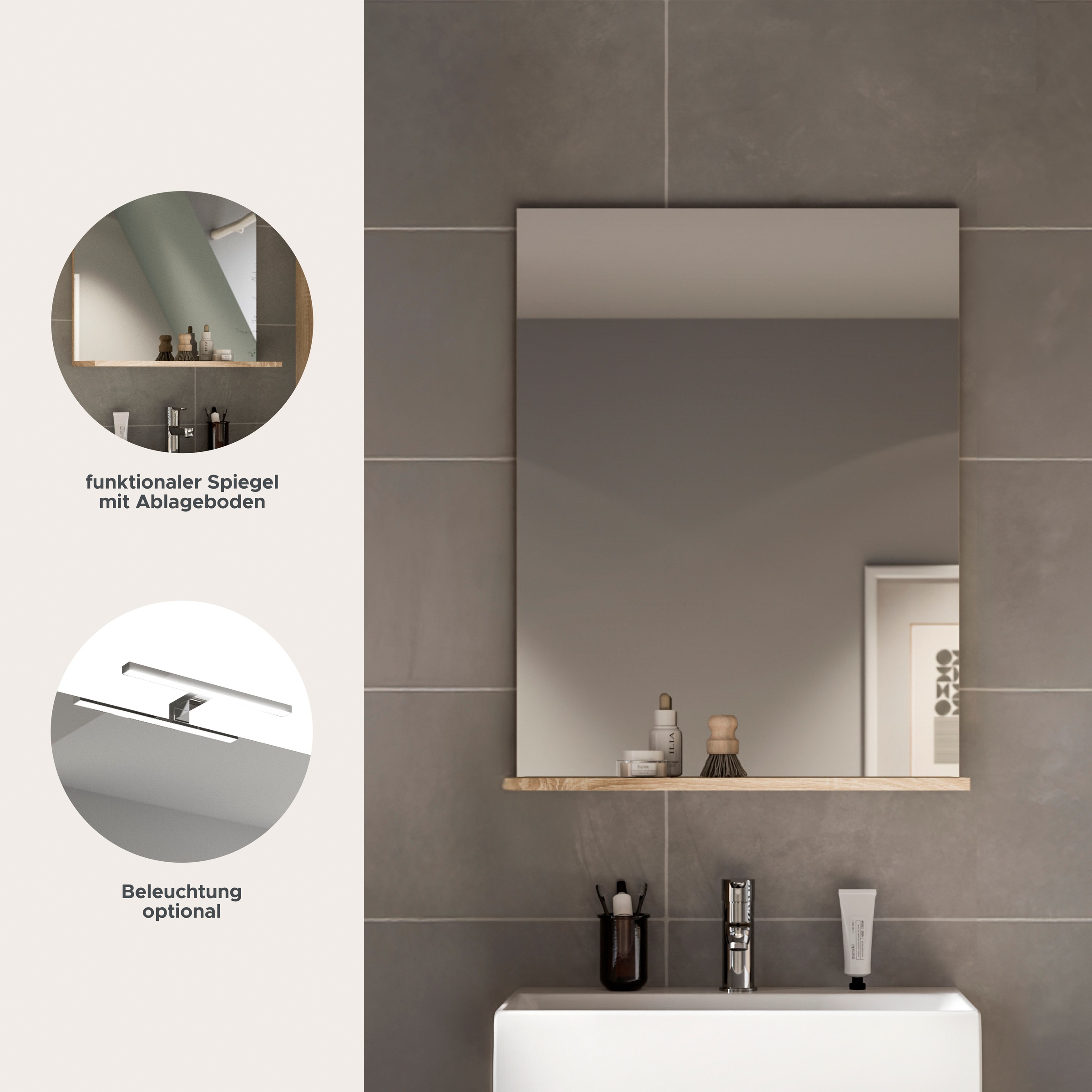 welltime Miroir de salle de bain »SIENA, Breite 60cm, 1 Ablageboden, hochwertiges Spiegelglas« disponible en plusieurs couleurs, meubles de salle de bain, miroir, salle de bain