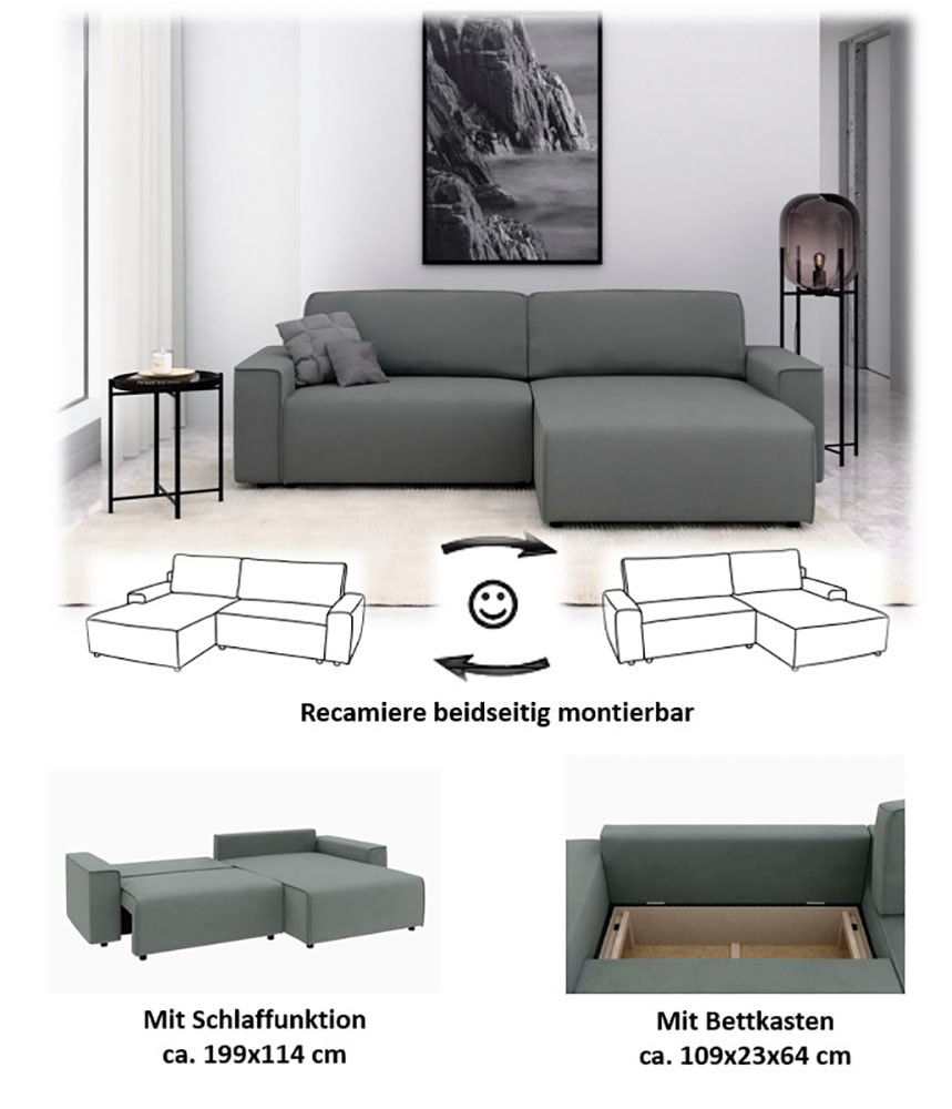 Home affaire Canapé d'angle »Chance, Recamiere beidseitig montierbar, Schlaffunktion, Breite 265 cm« en structure fine LINO, avec fonction couchage et coffre de lit
