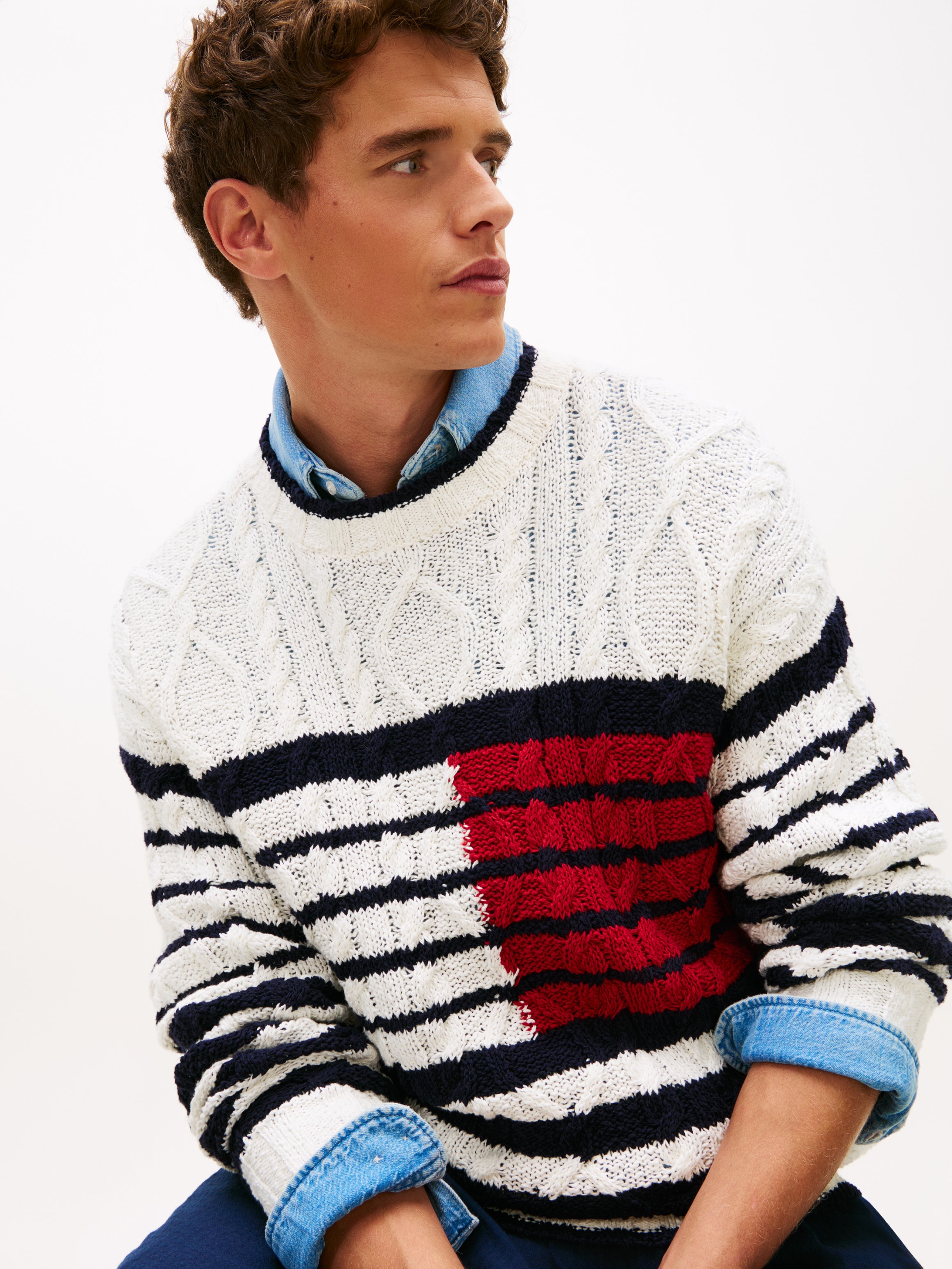 Tommy Hilfiger Pull en tricot »BRETON FLAG CABLE« Regular fit mit Rundhalsausschnitt