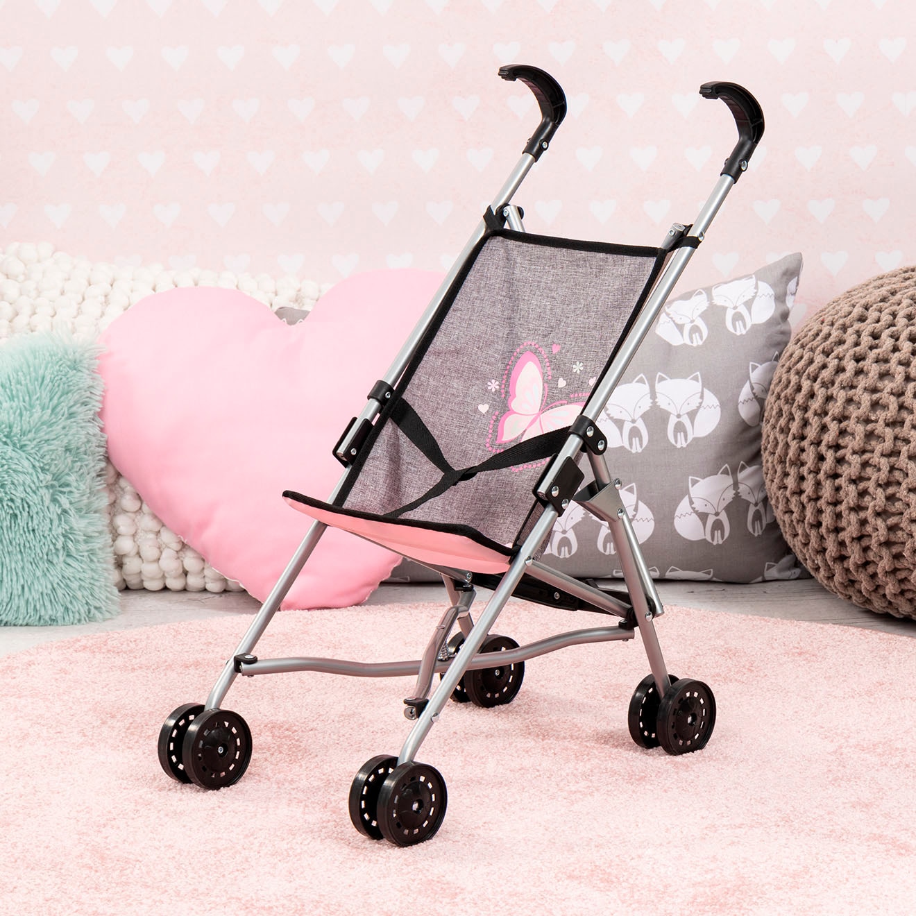 Bayer Poussette de poupée »grau/rosa mit Schmetterling«