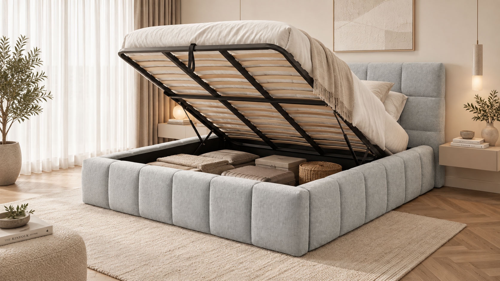 GOODproduct Lit rembourré »EDDION, Stauraumbett mit Lattenrost und Bettkasten, 180x200cm« hochwertiger Chenille-Bezug, gepolstertes Kopfteil und Rahmen