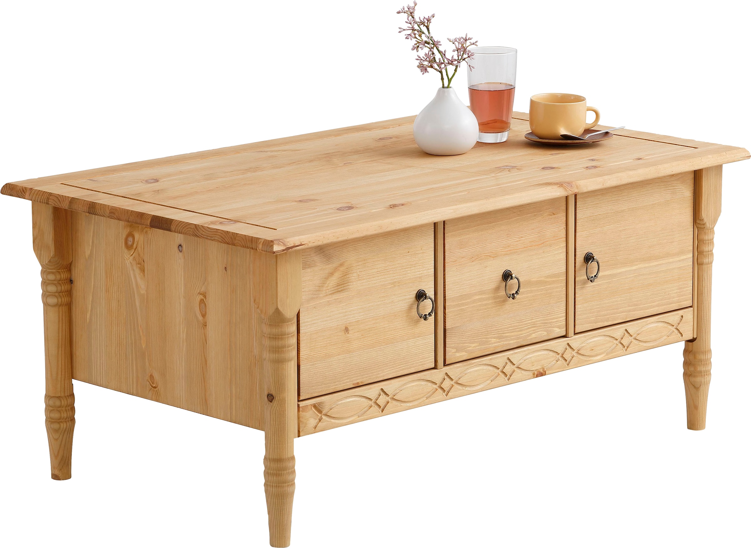 GOODproduct Couchtisch »Indra« aus massiver Kiefer, FSC®, mit Stauraum, dezentes Ornament