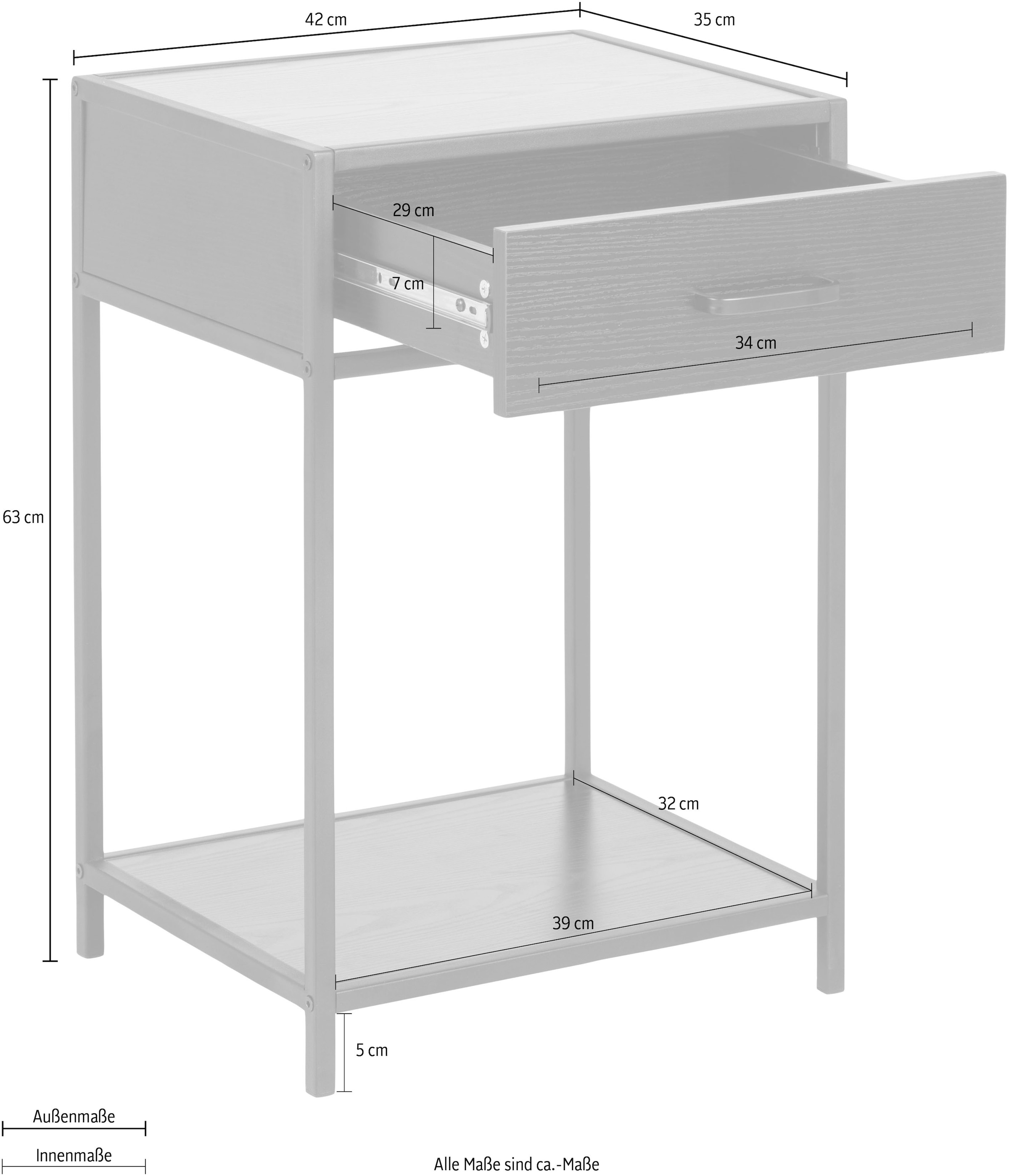 ACTONA GROUP Nachttisch Metallgestell, Industrie-Look, Schublade und Einlegeboden, H: 63 cm