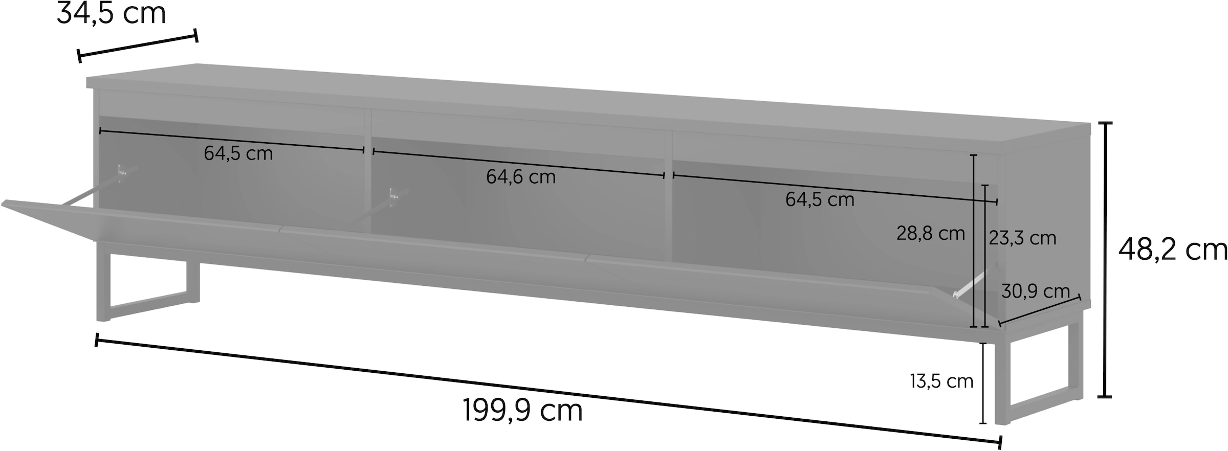 GOODproduct Lowboard »Modo II, Breite 200 cm, modernes griffloses Lowboard 3 Klappen« TV-Kommode mit viel Stauraum, Metallkufen