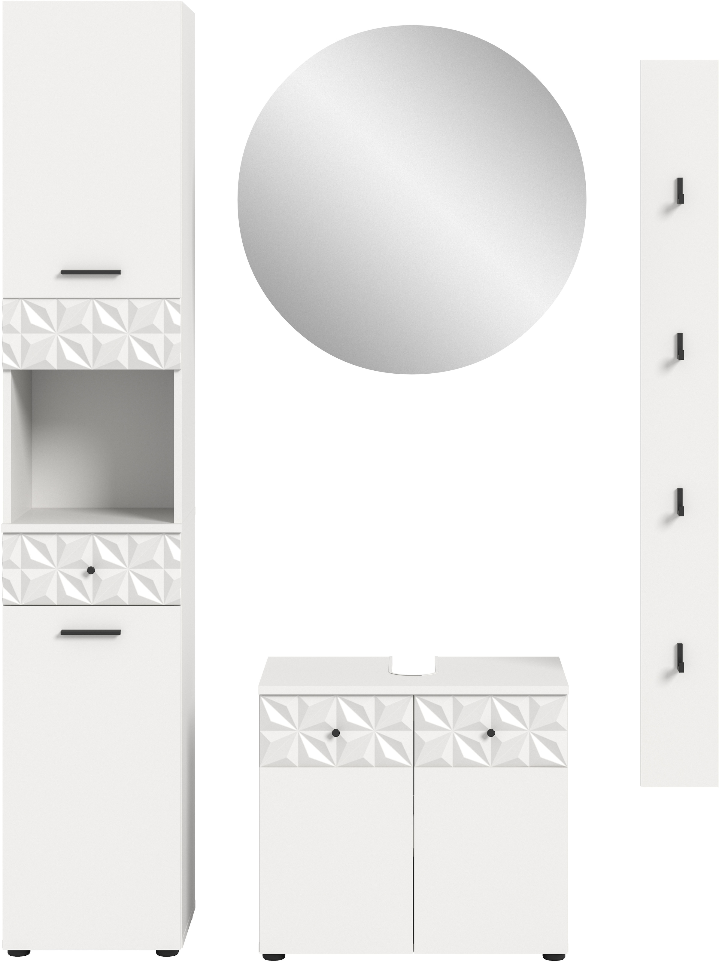INOSIGN Badezimmer-Set »VICENZA, TOPSELLER!, Breite 141cm, 4-teilig, mit Ornamentabsetzung« Hochschrank, Waschbeckenunterschrank, Spiegelschrank und Hakenleiste, 