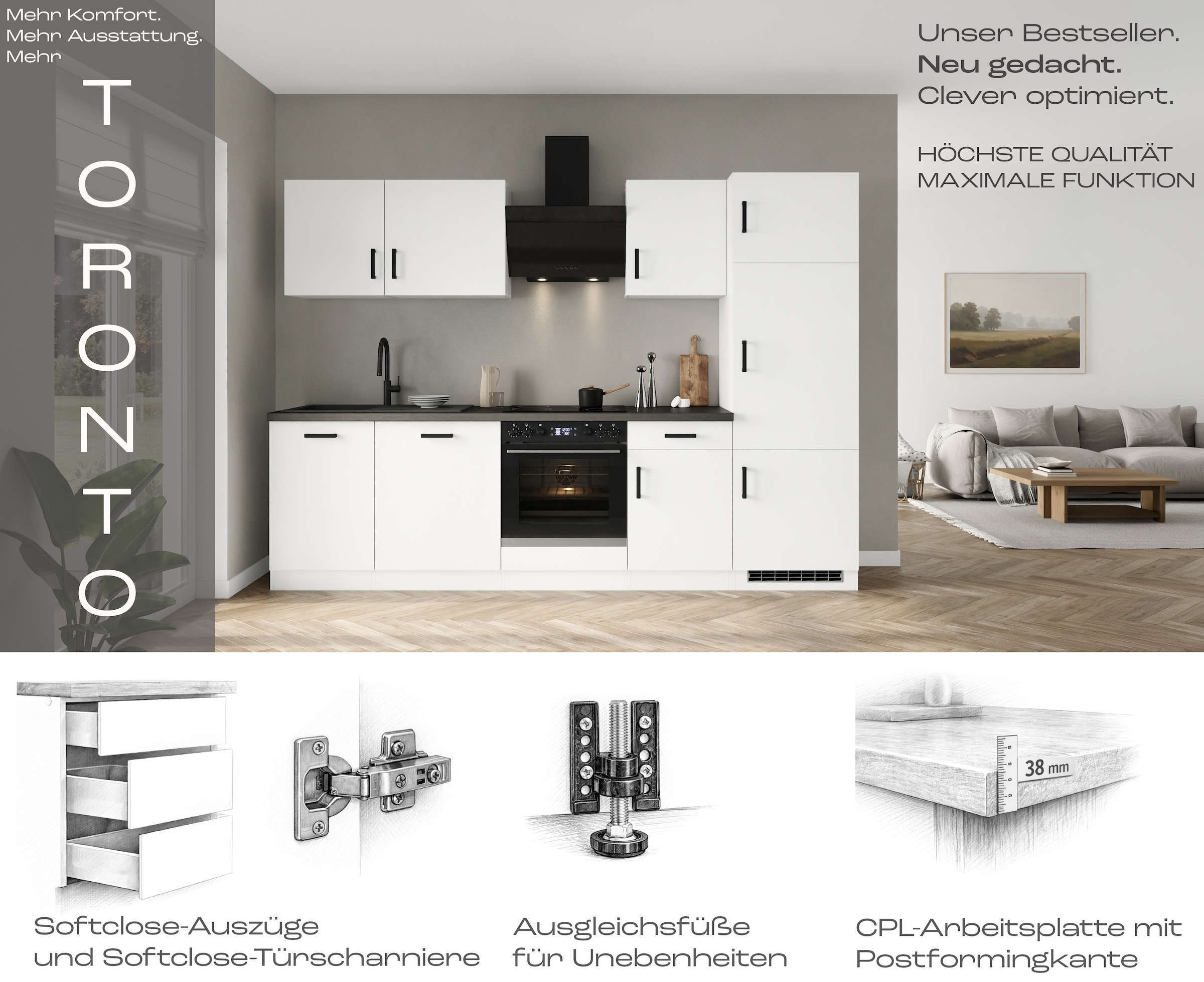 KOCHSTATION Kitchenette »KS-Toronto« Largeur 220 cm, au choix avec appareils HANSEATIC-E