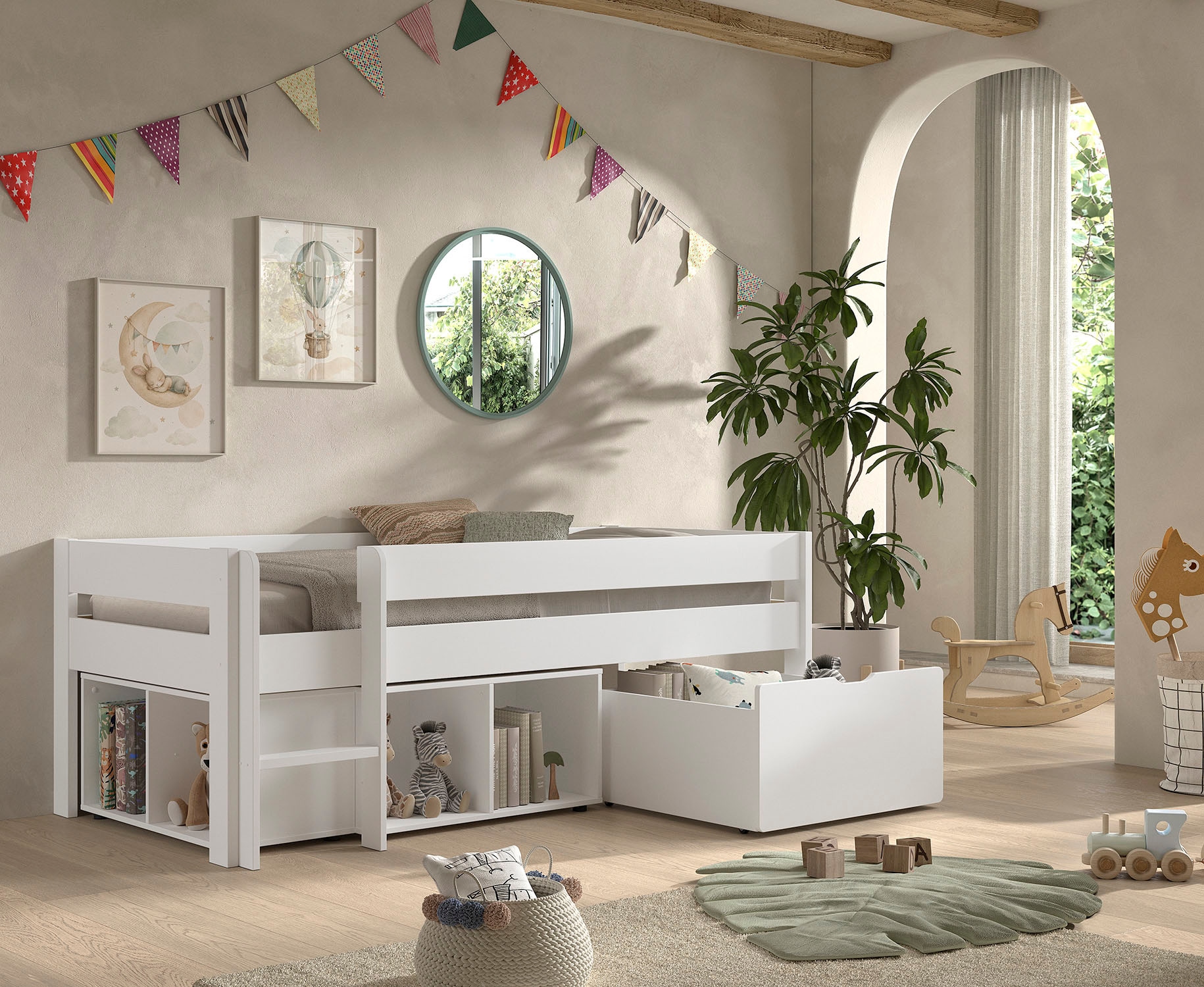 Vipack Lit de rangement »Primo, mit Absturzschutz, niedriger Bauhöhe ideal unter Dachschrägen« Pin blanc, incl. sommier à lattes roulant, option sans ou avec glissière