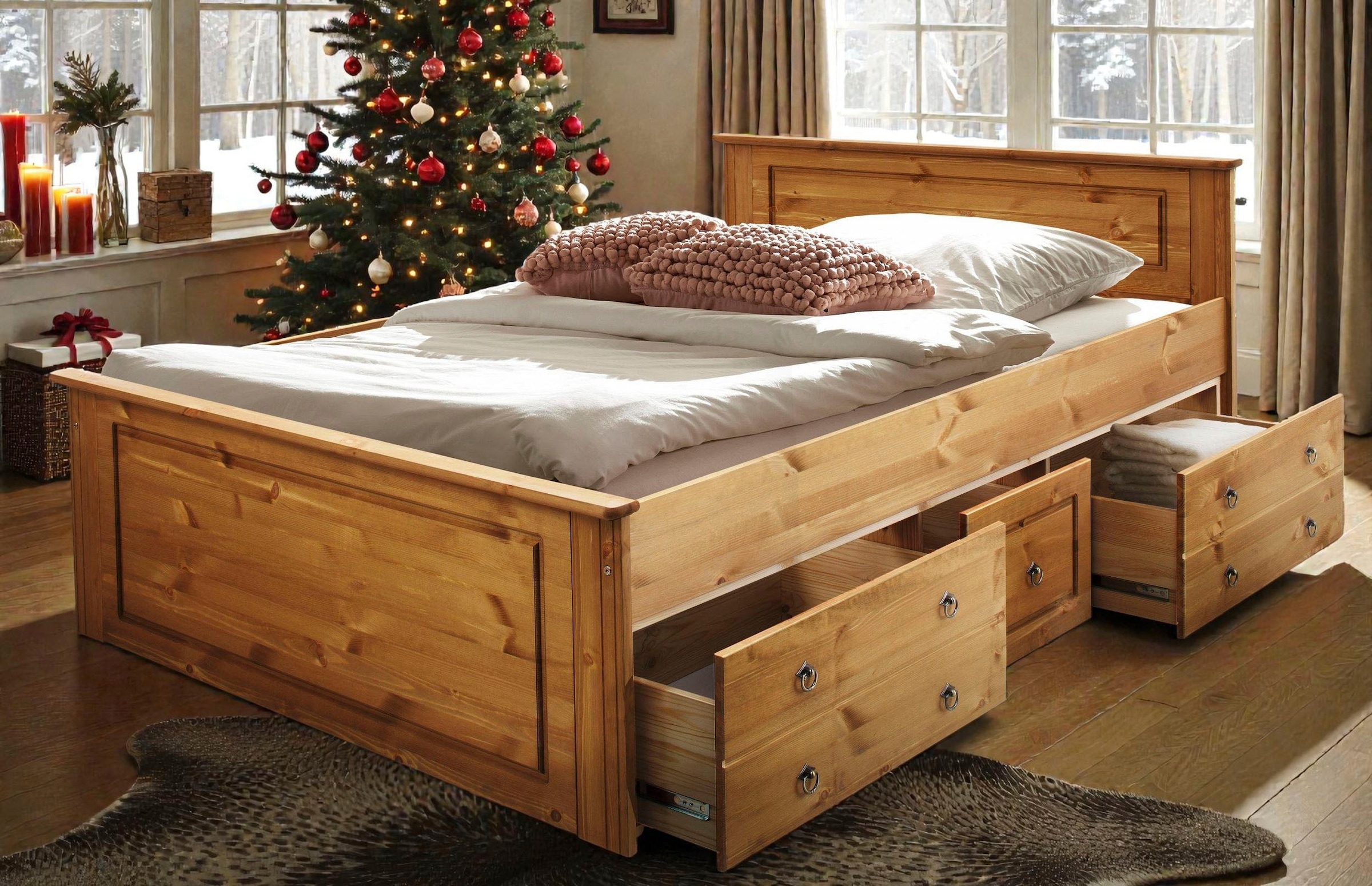 GOODproduct Massivholzbett »Hugo, hohe Belastbarkeit! FSC® zertifiziertes Massivholz, Landhausstil« Breite/Belastbarkeit 180cm/200KG, 140cm/180KG,  Stauraumbett aus massiver Kiefer