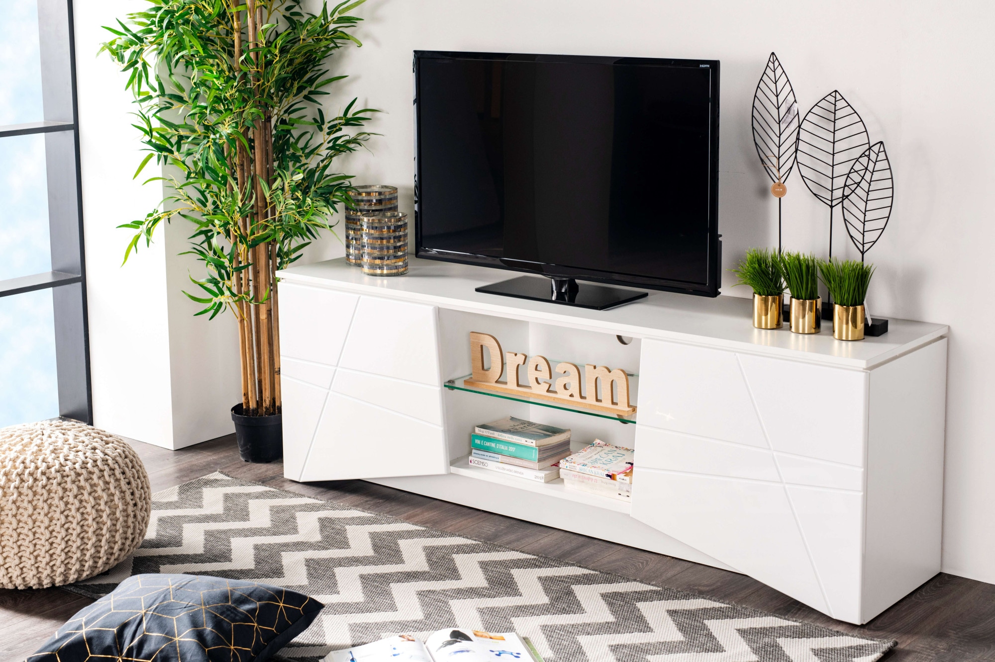 INOSIGN Table basse »Cadiz TV-Board« TV-Kommode mit Hochglanzfronten und Fräsungen, Glasboden