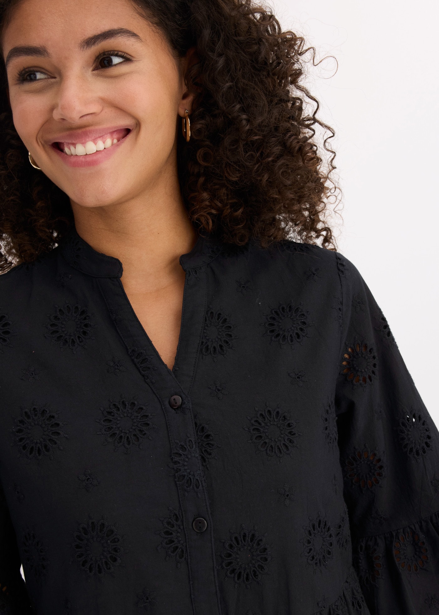 bonprix Robe midi en coton pur, coupe trapèze, manches 3/4, col montant