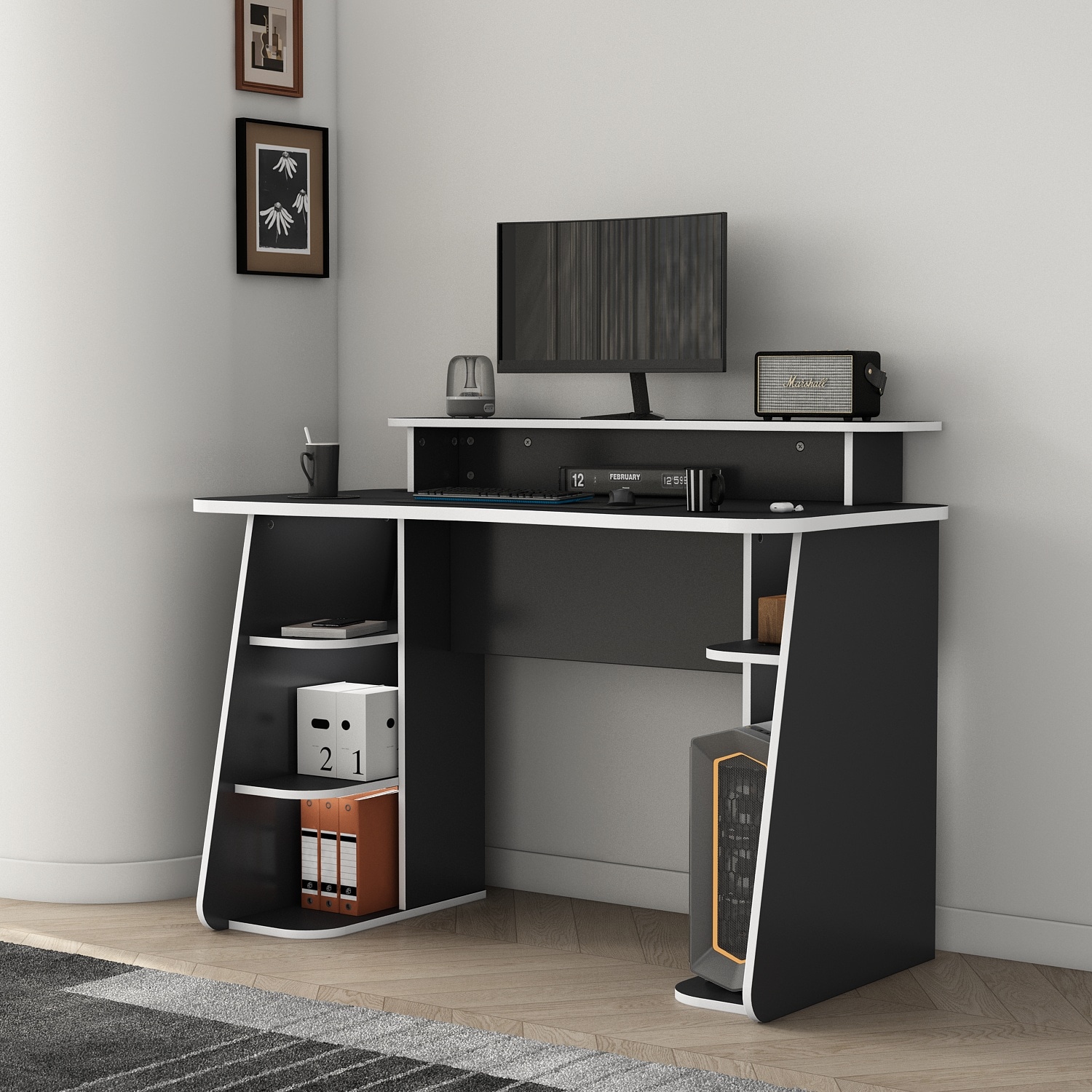 GOODproduct Gamingtisch »GAME, Computertisch, Schreibtisch, Towerfach, Monitoraufsatz,« ergonomisch geschwungene Tischplatte, Breite 120 oder 150 cm