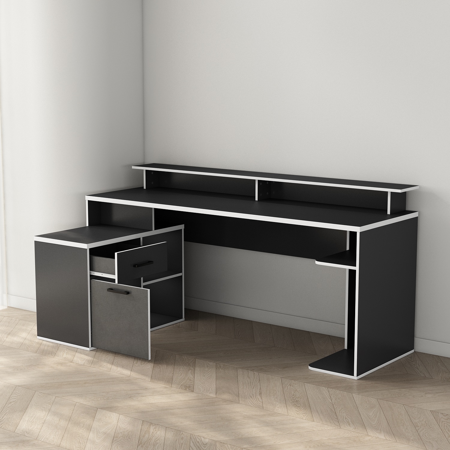 GOODproduct Gamingtisch »Game, Computertisch, Eckschreibtisch« , Towerfach, Kabeldurchlass, Monitoraufsatz, Stauraum, Masse 180x102 cm