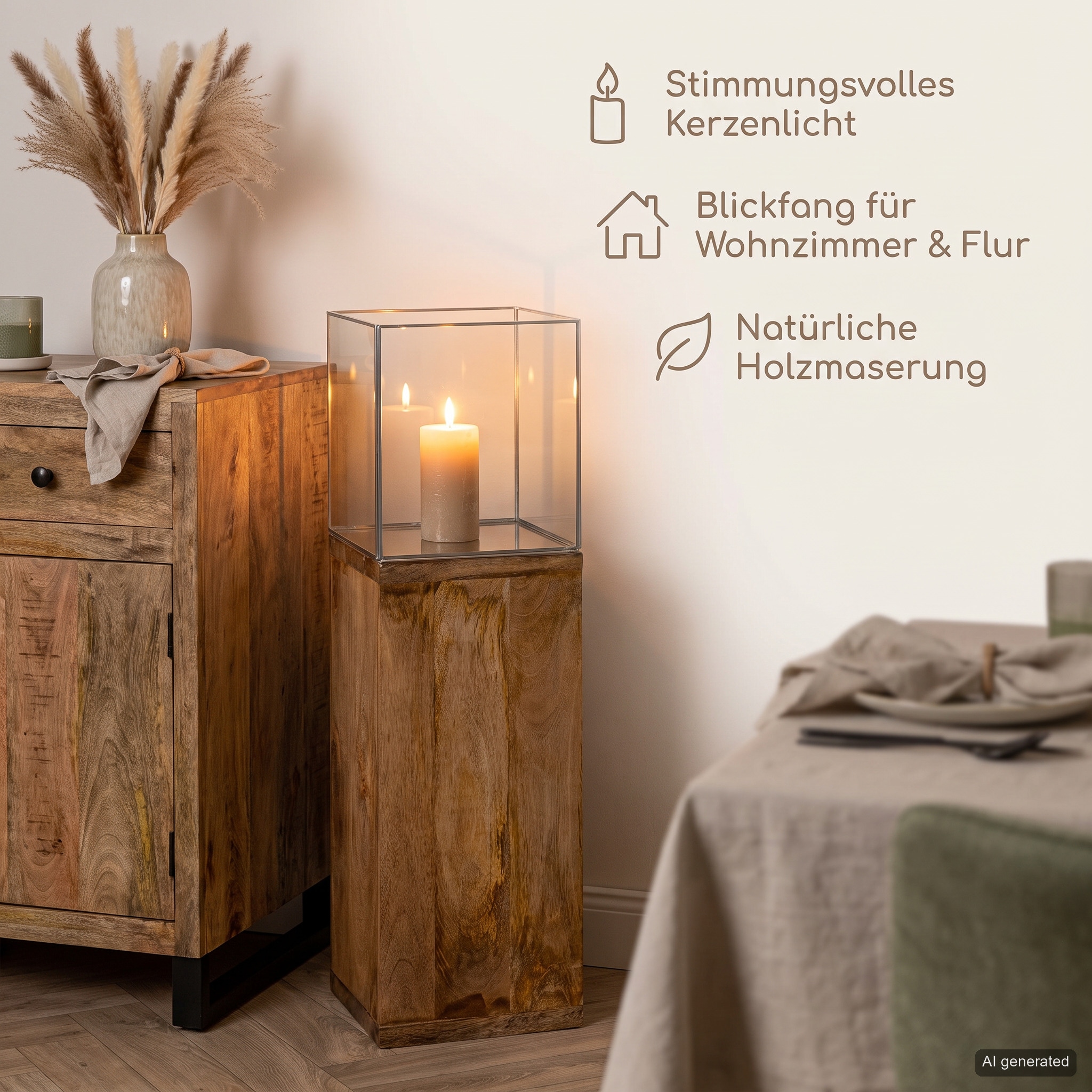 GILDE Photophore de sol »Windlicht, Kerzenhalter Säule, 91.26x26cm, Geschenkidee« en bois massif de manguier huilé, avec plateau en verre inclus