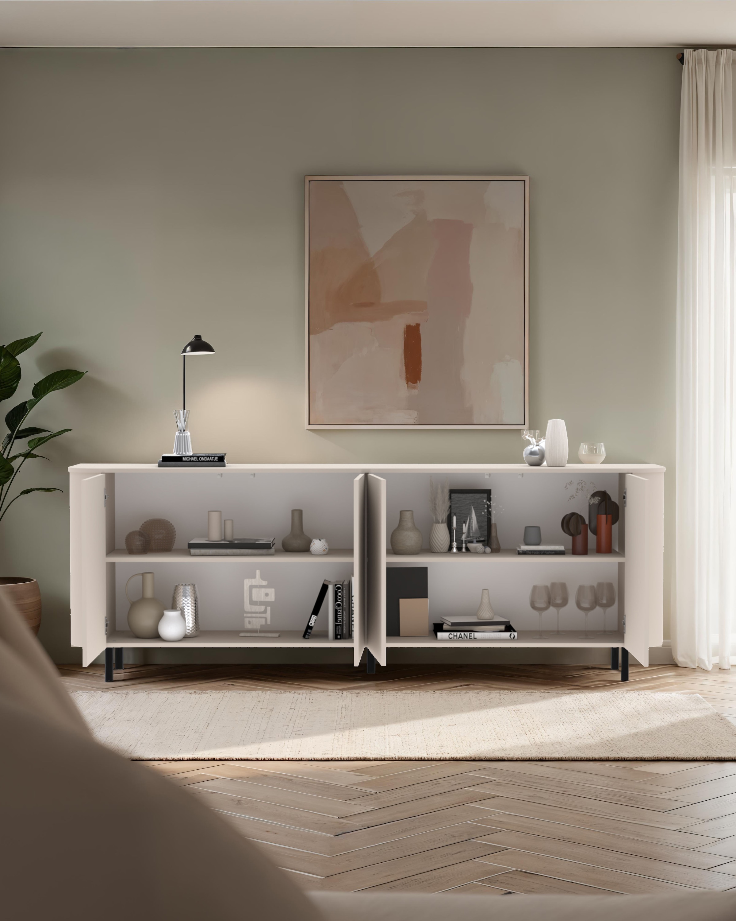 GOODproduct Sideboard »Lido, 231 cm breit, 4 Türen, Anrichte, Kommode, Stauraumschrank« Formgebogenes MDF, Stirnseiten mit Rundung, Push-to-open, Metallfüsse