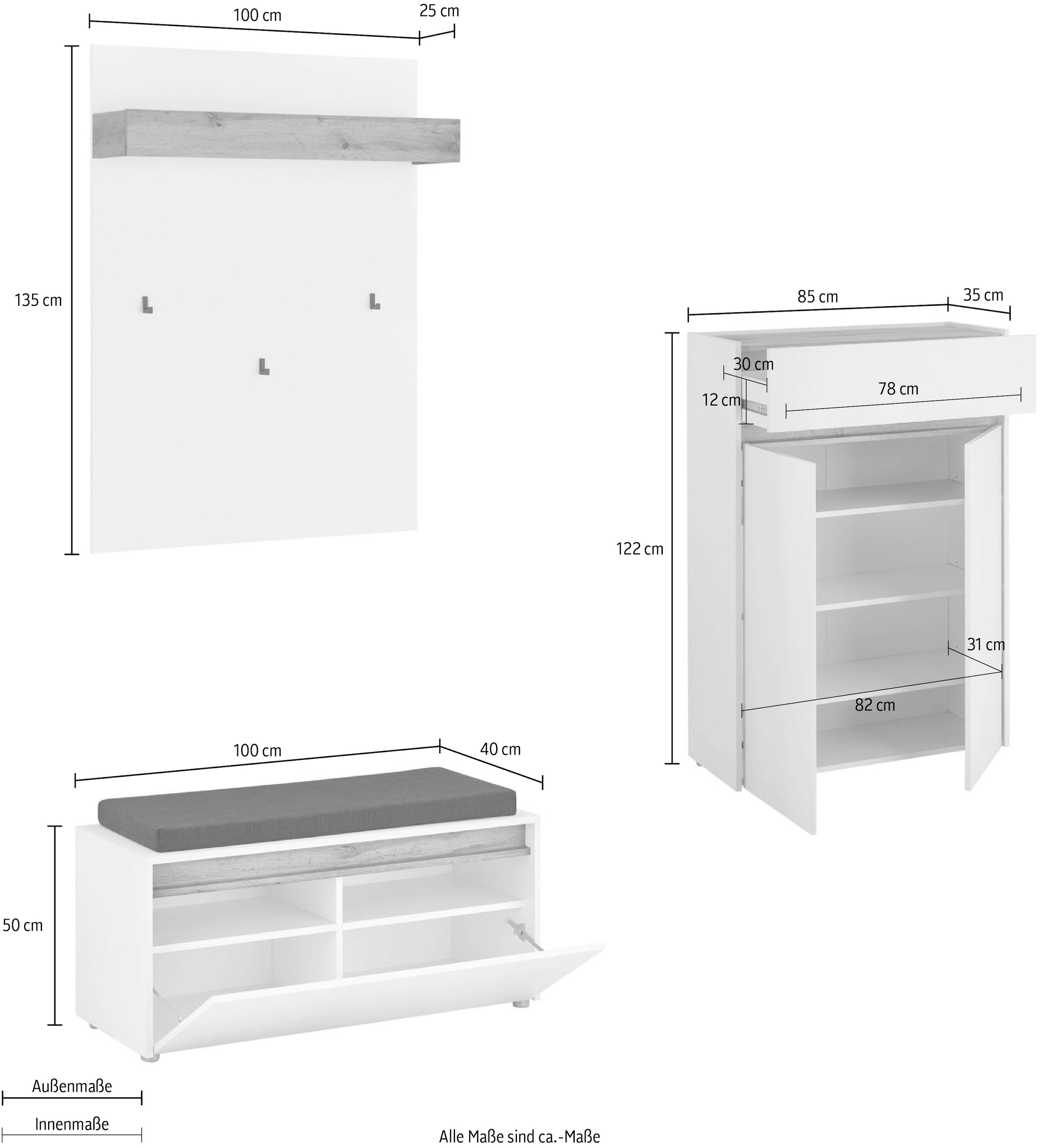 INOSIGN Ensemble de vestiaires »City/Giron, moderne Garderobe, viel Stauraum, ca. 24 Schuhe« Set, 3 cuis tlg.