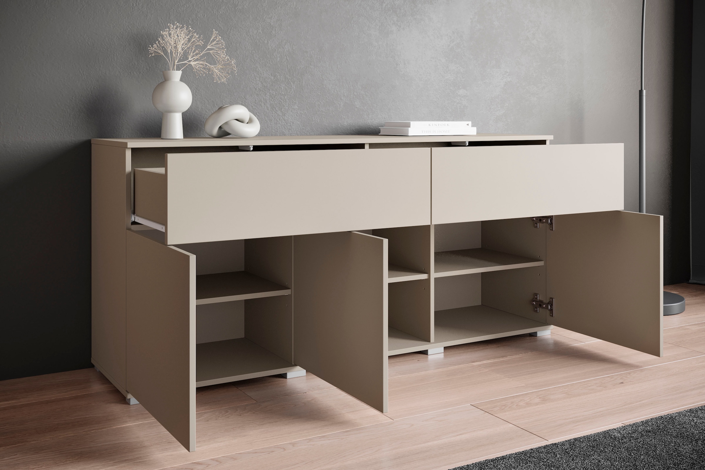 GOODproduct Buffet »Kenia, Kommode mit 3 Türen und 2 Schubladen, 150 cm breit« 1 cuis tlg. Design sans poignées avec push-to-open et étagères réglables