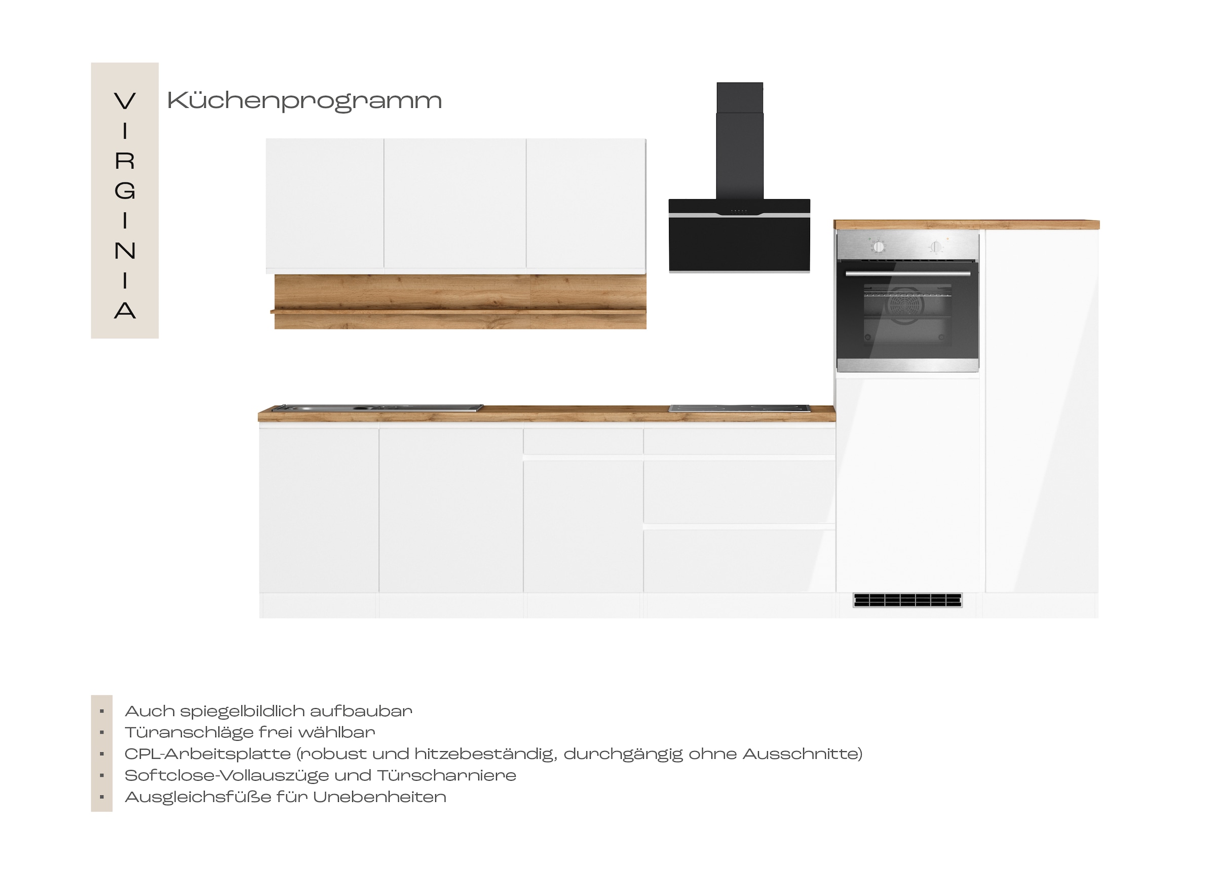 KOCHSTATION »KS-Virginia,neu in verbesserter Ausführung« plan de travail épaisseur 38 mm, rangement, fermeture douce,  largeur 350 cm, soft-close, sans appareils électriques
