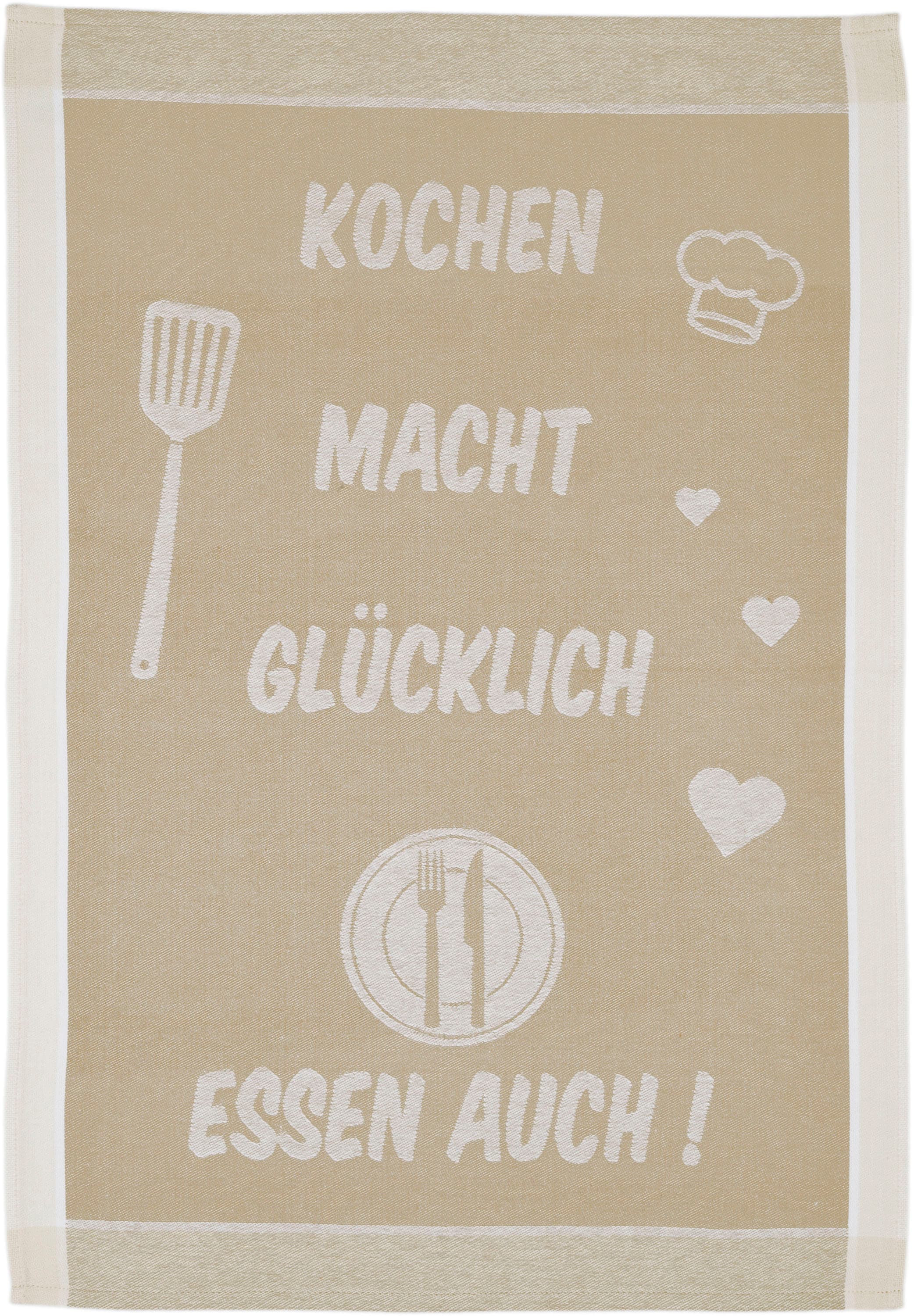 ROSS Chiffon à vaisselle »Kochen macht glücklich... Essen auch« Serviette à imprimer, 100% coton