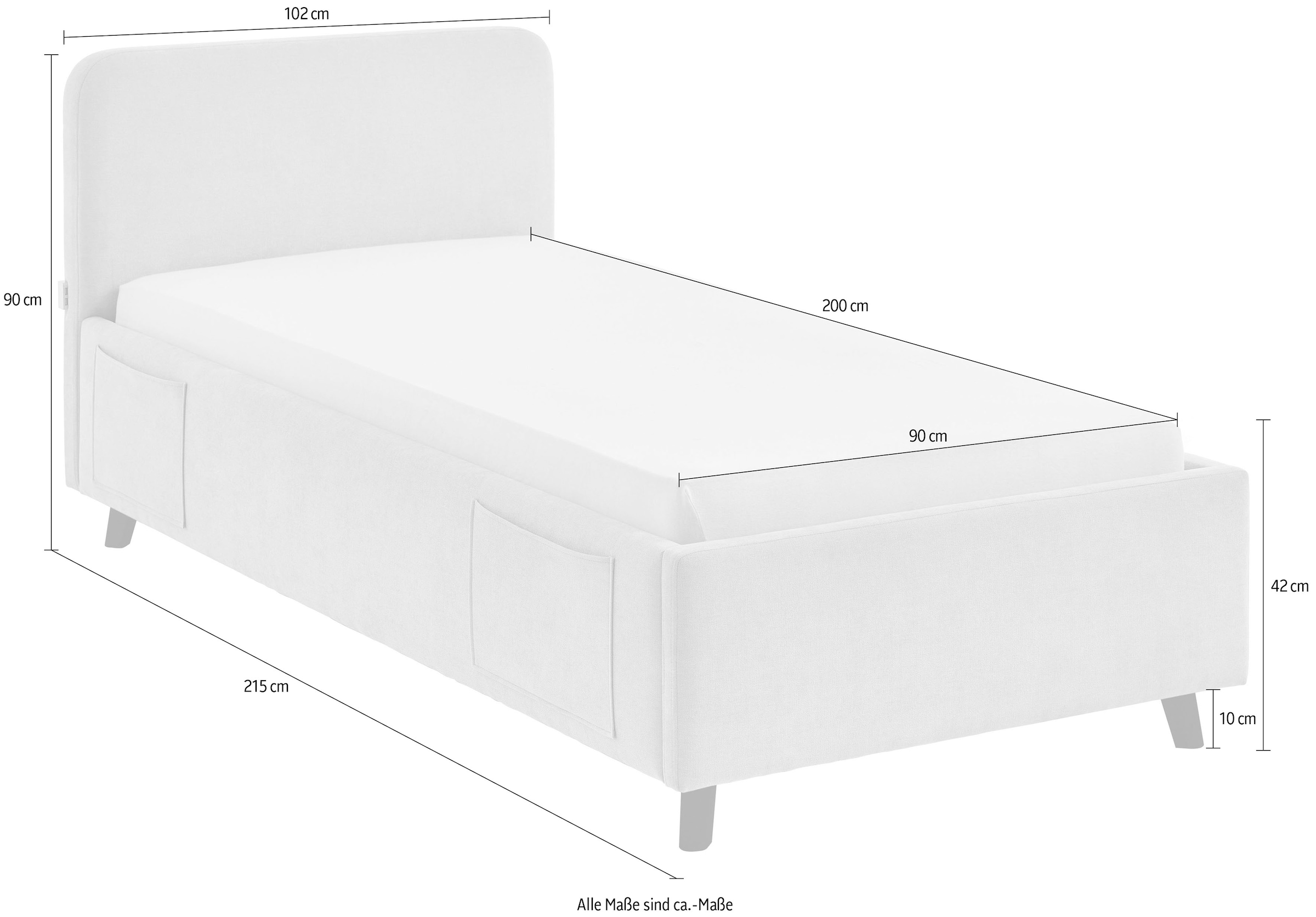 meise.möbel Lit d'enfant »COSY in de Breiten 90, 120 & 140 erhältlich, wahlweise mit Bettkasten« disponible avec pied en bois noir ou chêne, incl. prise USB