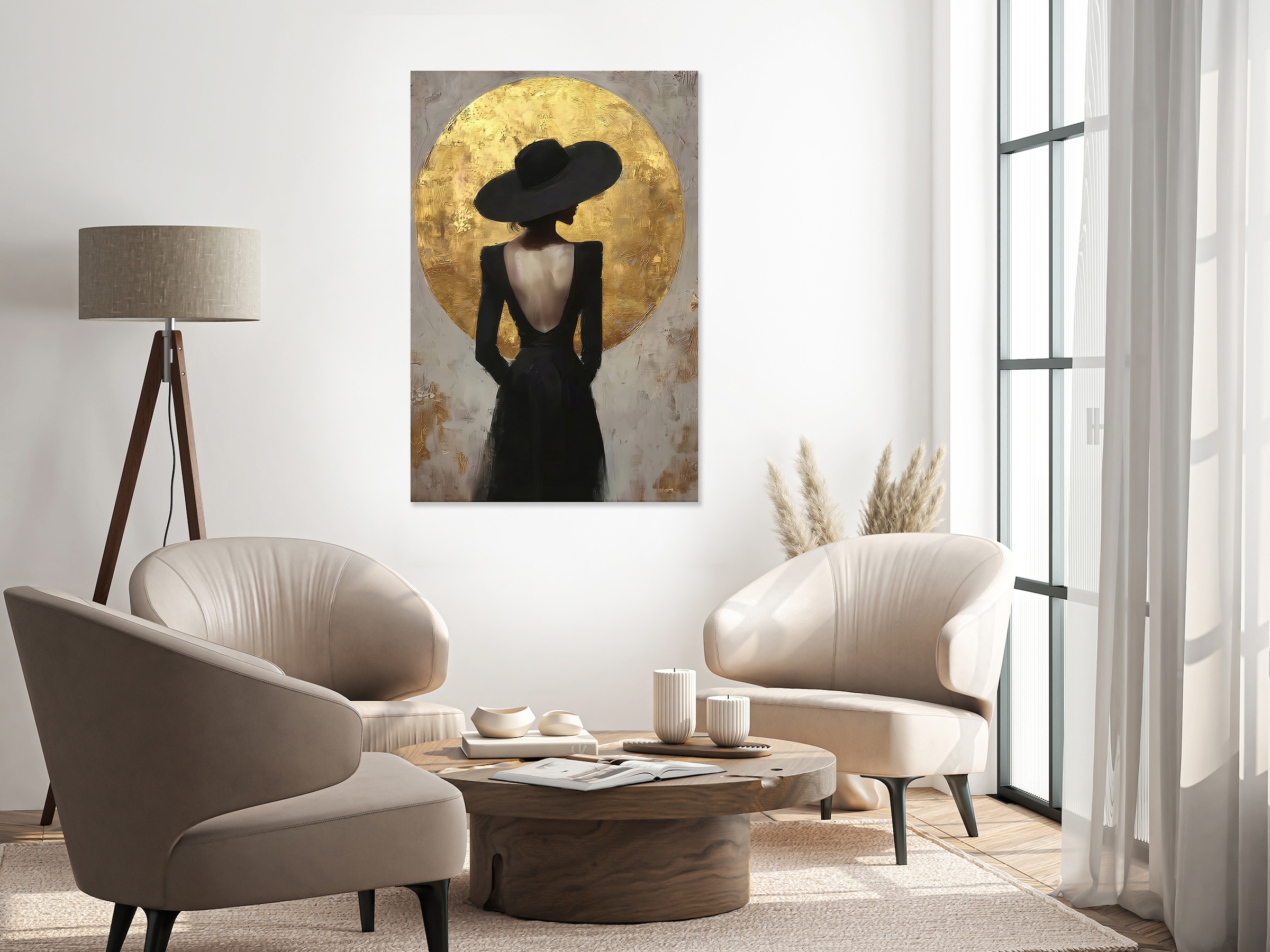 queence Tableau en verre acrylique »Wandbild, Goldbild, Bild Frau mit Hut vor goldenem Mond« Abstrait | Art | Fantasy Finition à la main avec feuille d'or pour un aspect noble et intemporel.