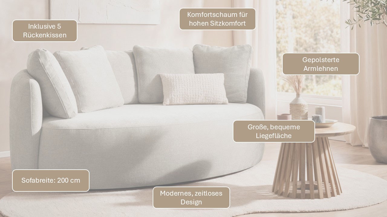 GOODproduct 2,5-Sitzer »Kaarl, rundes Loungesofa, Sofa mit Kissen, perfekt gepolstert« Webstoff, in fünf Farben, zeitloses Design, inkl. 5 Rückenkissen