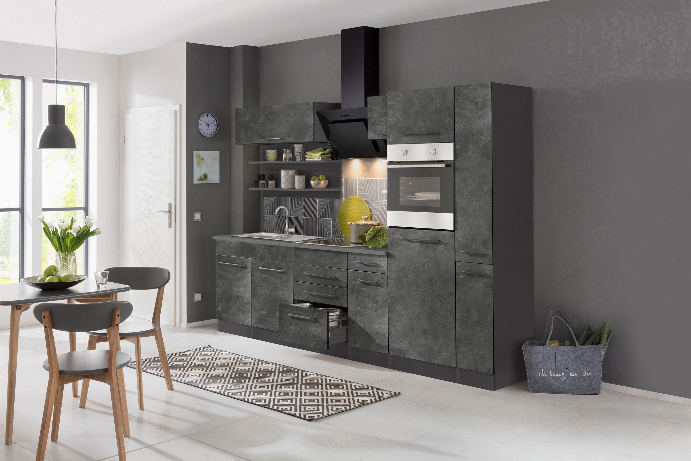 KOCHSTATION Küchenzeile »KS-Tulsa« ohne E-Geräte, Breite 300 cm, schwarze Metallgriffe, MDF Fronten