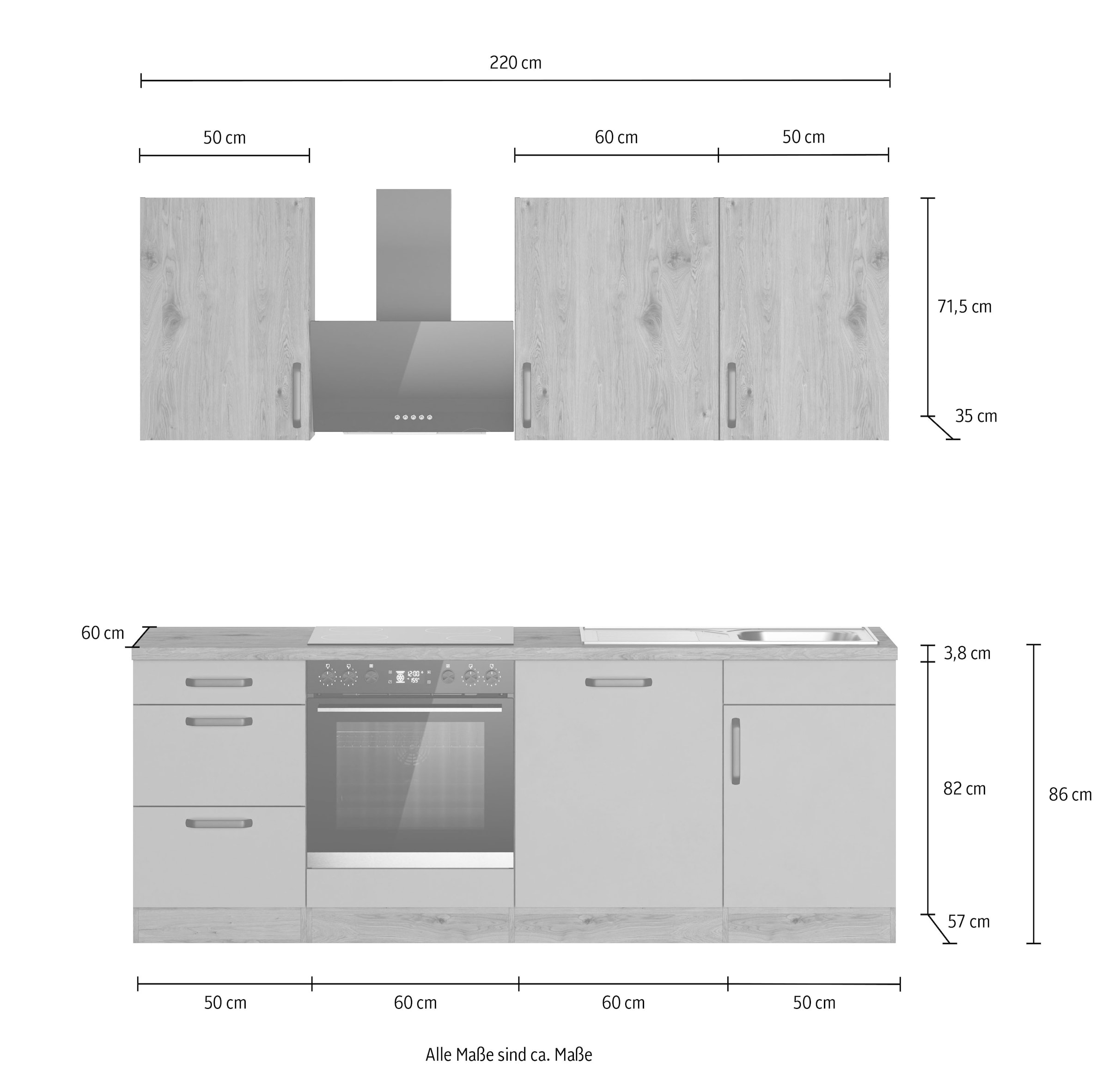 wiho Küchen Küchenzeile »Elba« wahlweise mit Hanseatic E-Geräten, Breite 220 cm