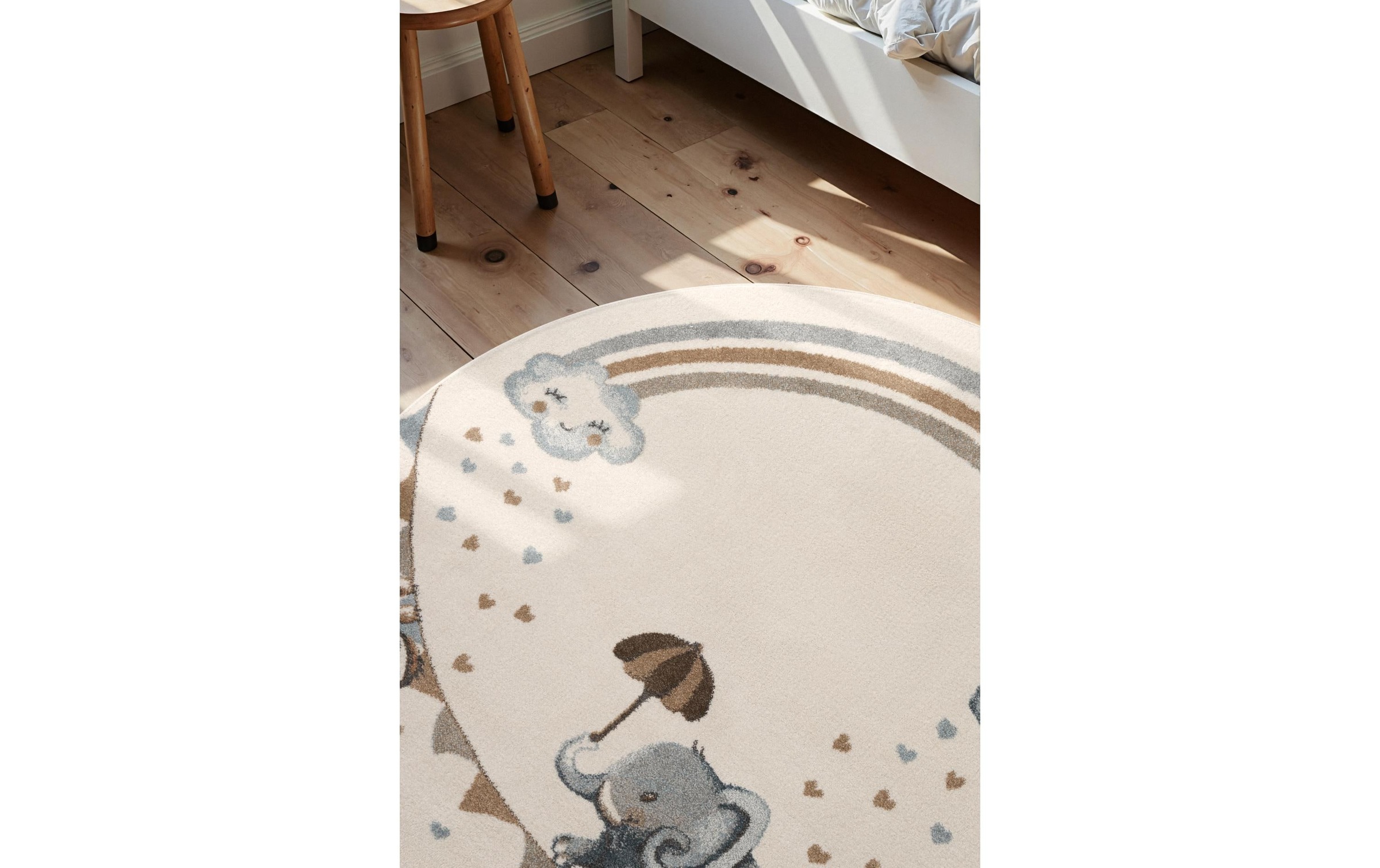 Villeroy & Boch Tapis pour enfants »Walk like an Elephant Rainbow Teppich« Rond 9 mm Höhe Spielteppich weich, Kinderzimmer, Boho Kids Spielunterlage, Tieremotiv
