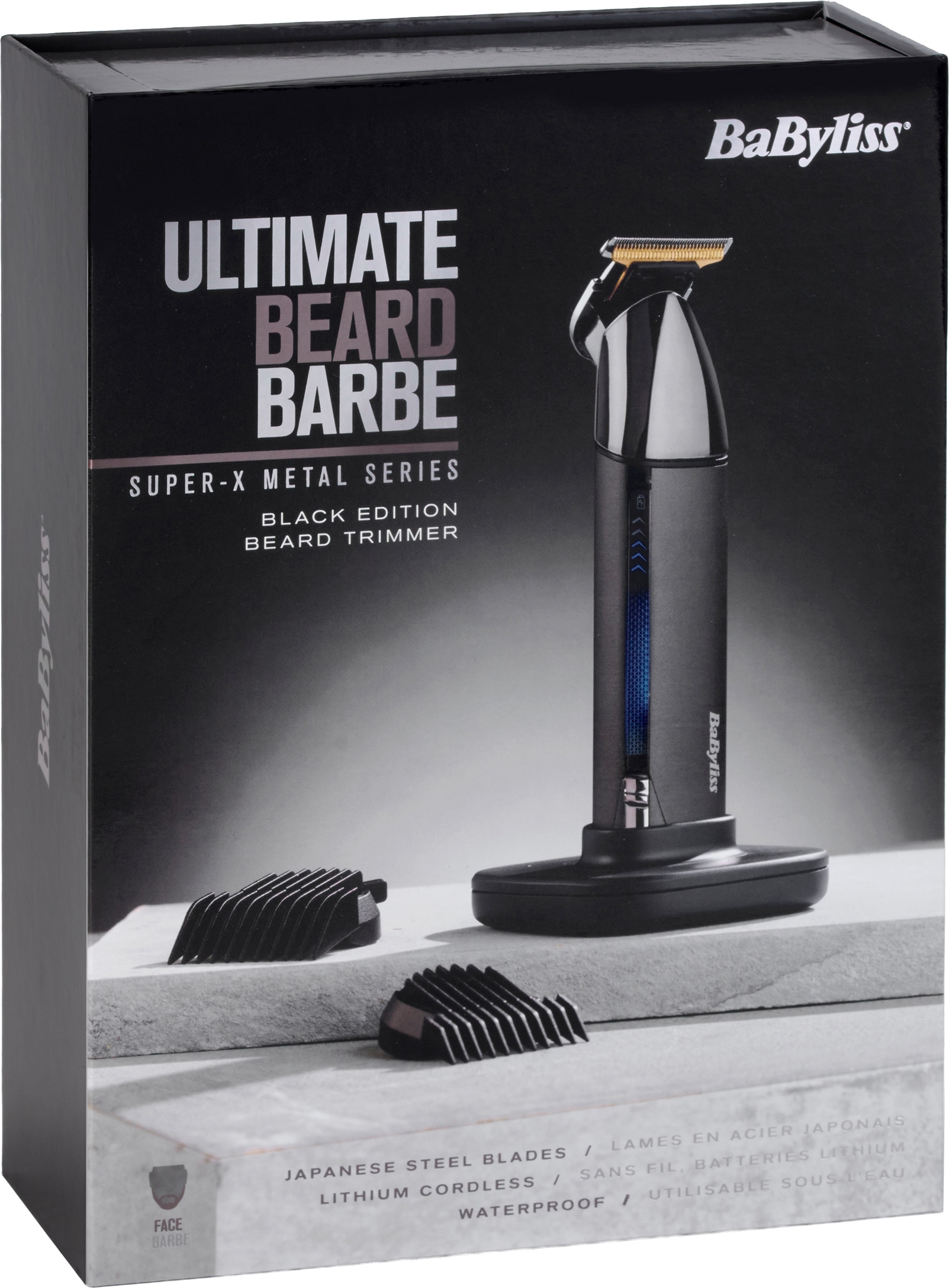 BaByliss Tondeuse à barbe »BaByliss Super-X Metal Barttrimmer, Bartschneider, wasserdicht, T996E« 2 Aufsätze Japanischer Stahl, 2 Kammaufsätze mit 6 Positionen 1–6mm, kabellos