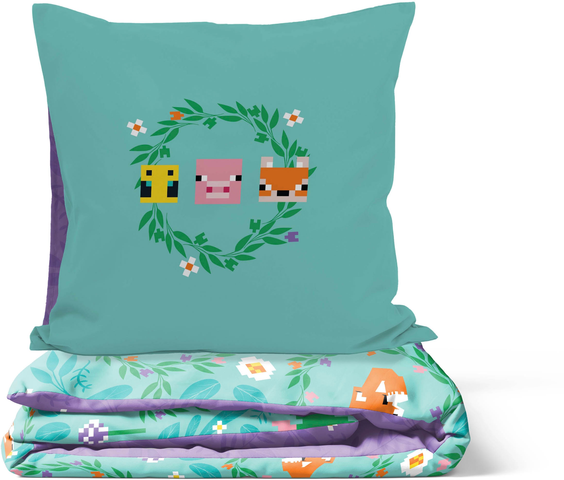 Minecraft Linge de lit pour enfants »Minecraft Bettbezug-Set  135x200 cm + Kissenbezug 80x80 cm« 2 pièces 100 % coton, lavable en machine, réversible