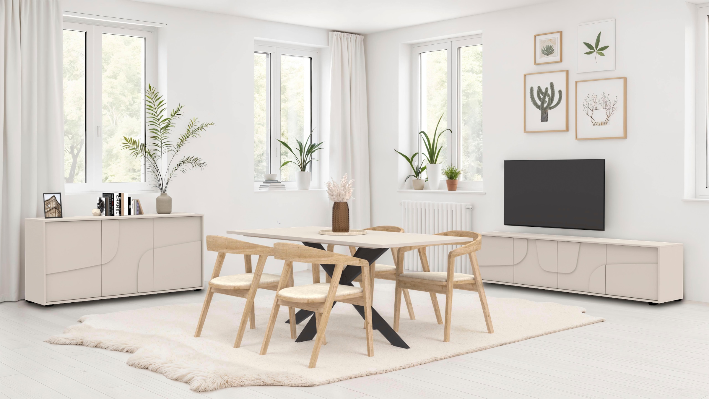 INOSIGN Table basse »Stone, 205 cm breit, 4 Türen, TV-Schrank, TV-Kommode, Medienboard« 3D-Design, Push-to-open, Innenraum grosszügig, Füsse 14/2 cm wählbar