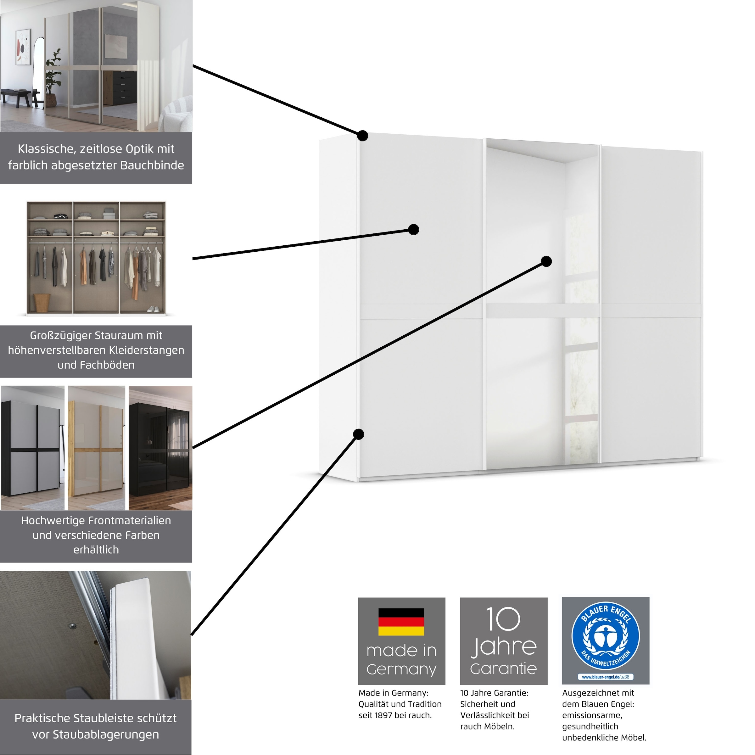 rauch Schwebetürenschrank »Kleiderschrank Schrank Garderobe Schlafzimmerschrank SCALE-LINE« edle Optik mit Bauchbinde in Korpusfarbe Dekorfront MADE IN GERMANY