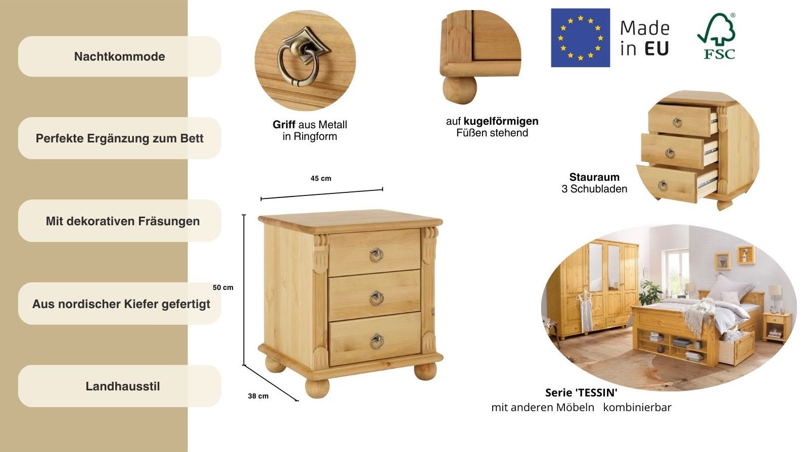 GOODproduct Table de nuit »Tessin« aus massiver FSC®-zertifizierter Kiefer, mit 3 Schubladen