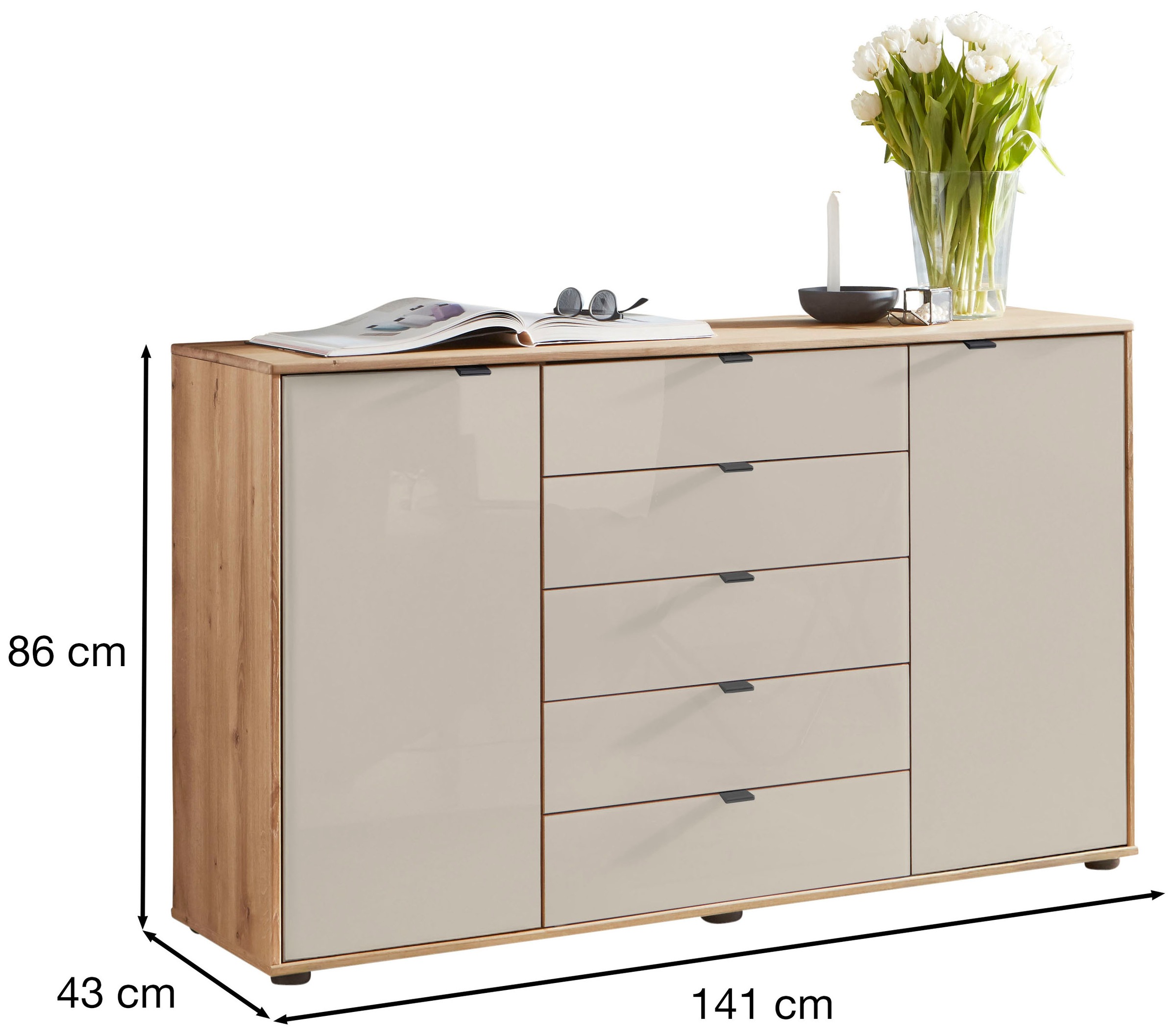 WIEMANN Kombikommode »Cardiff Sideboard, Wäscheschrank, teilmassiv Bianco-Eiche, Schubladen« Kommode 141x86x43 cm, braun, mit Dämpfung, MADE IN GERMANY,  verschiedenen Ausführungen, inklusive Einlegeböden