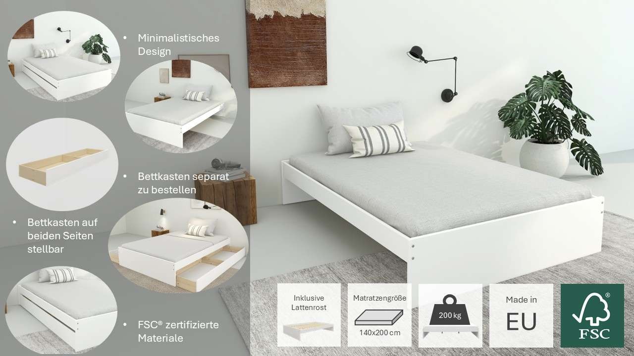 GOODproduct Bett »Magdala, Futonbett, schlichtes Design, Top Qualität« Breite/ Belastbarkeit: 120cm/200 KG, 90cm/ 100KG,  aus robustem MDF, Breite Liegefläche 140 cm, Bettkasten optional