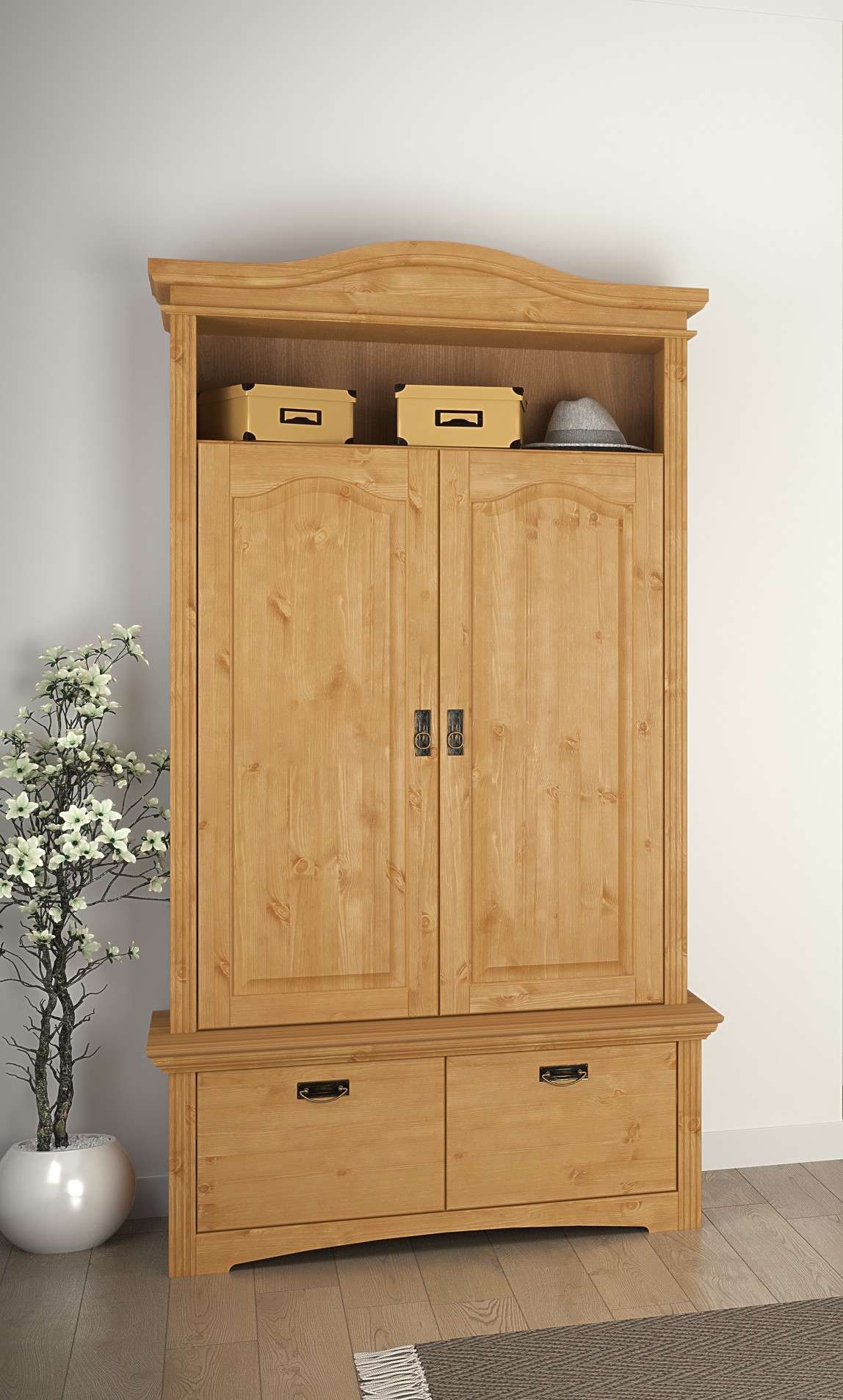 GOODproduct Wäscheschrank »Konrad, mit Bank, Garderobenschrank, Schubladen, Massivholz« H/B/T mit Bank ca. 206/110,5/70 cm,  viel Stauraum, langlebige Qualität, ausziehbare Kleiderstange