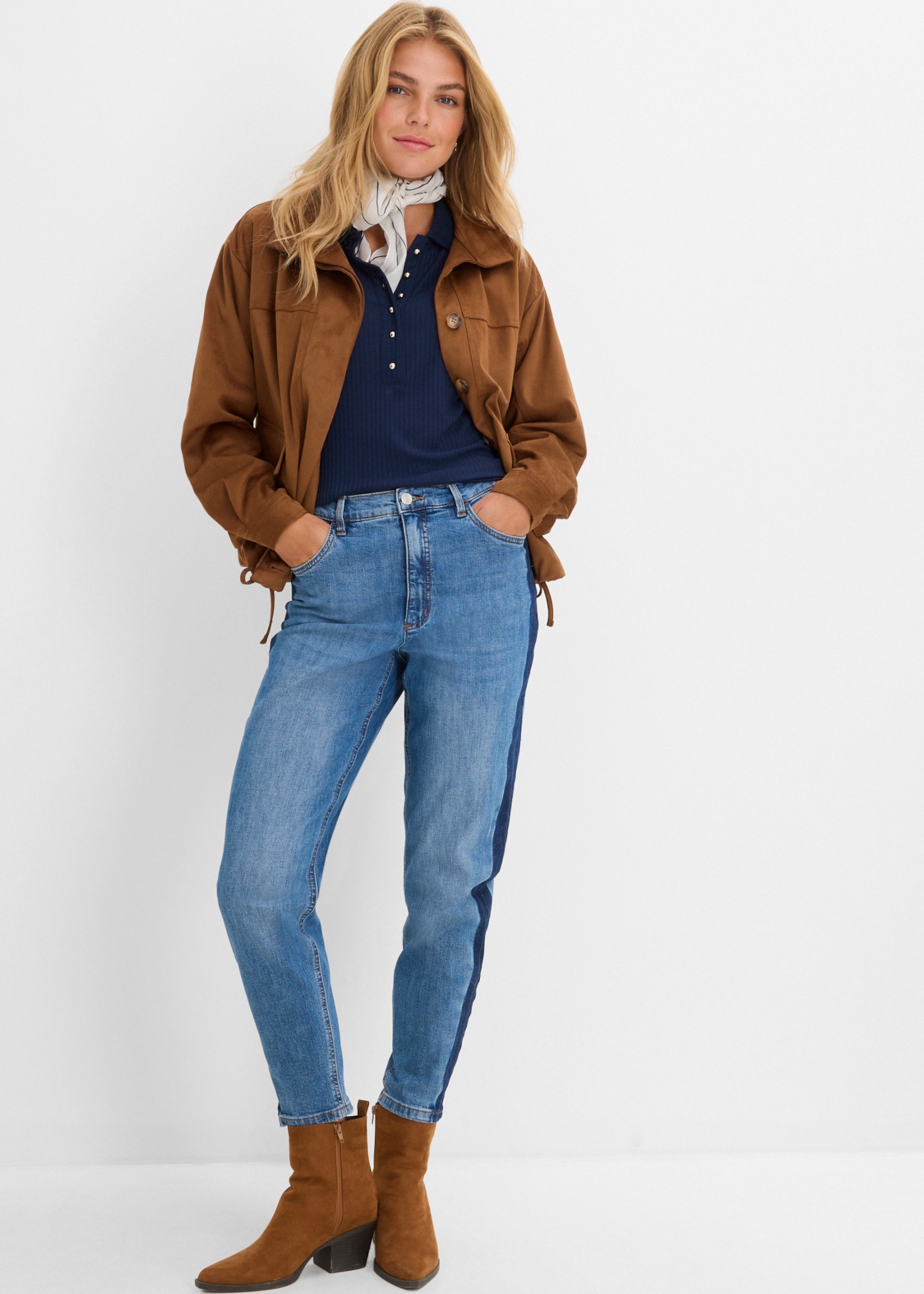 bonprix Jeans mom Taille haute, longueur raccourcie, coupe ample, en coton et élasthanne