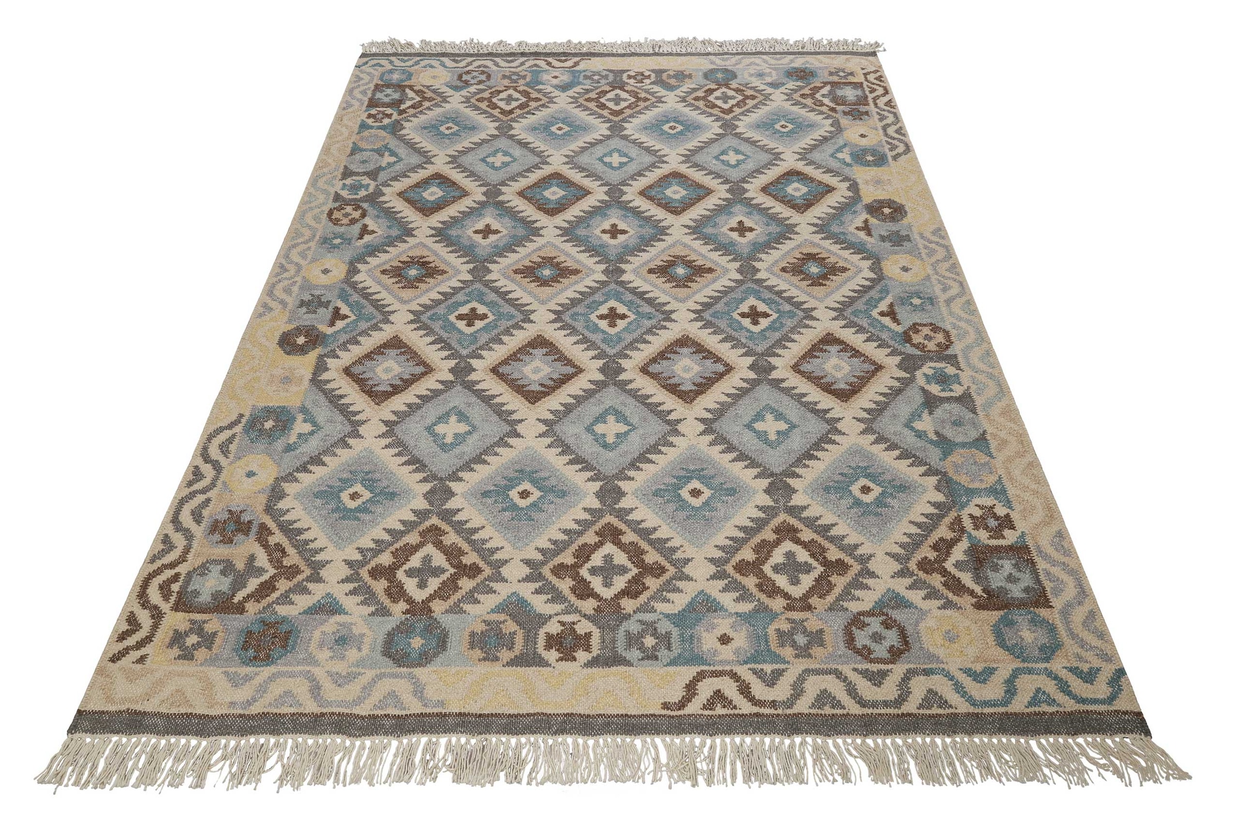 Green Looop Tapis en laine »Migny« Rectangulaire 5 mm Höhe Fransen, Kelim, handgewebt, Natur, Wohnzimmer, Schlafzimmer, Raute