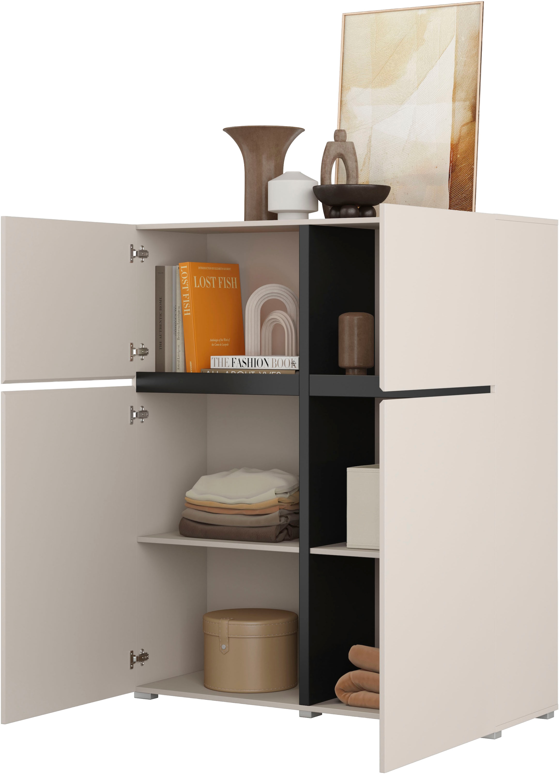 GOODproduct Hochkommode »Cross,Breite 119,5 cm, moderne grifflose Hochkommode mit 4 Türen« Hochschrank mit viel Stauraum, Einlegeböden verstellbar