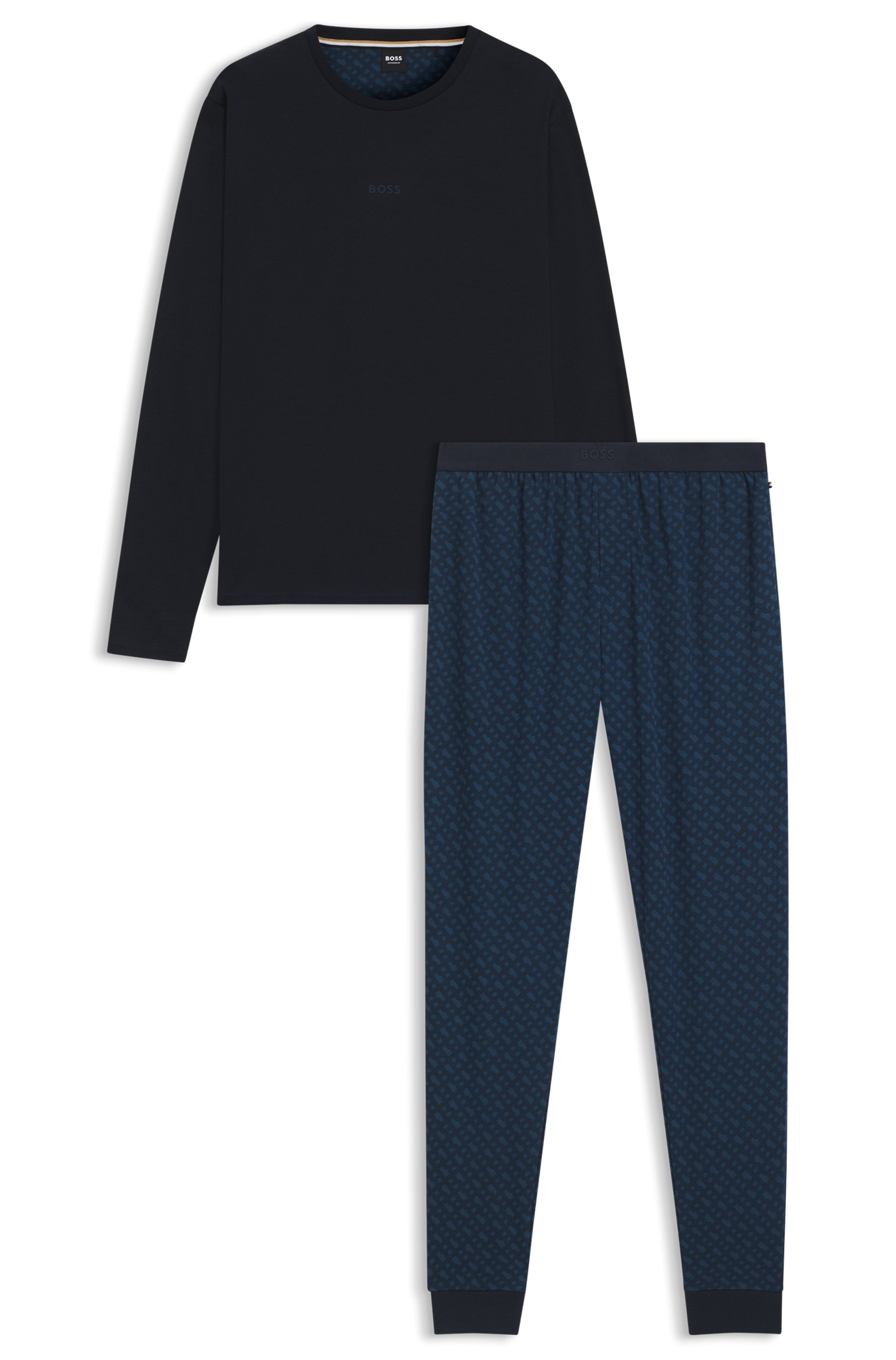 BOSS Pyjama »Relax Long Set« 2 cuis tlg., Neuheit, Oberteil unifarben, Unterteil gemustert