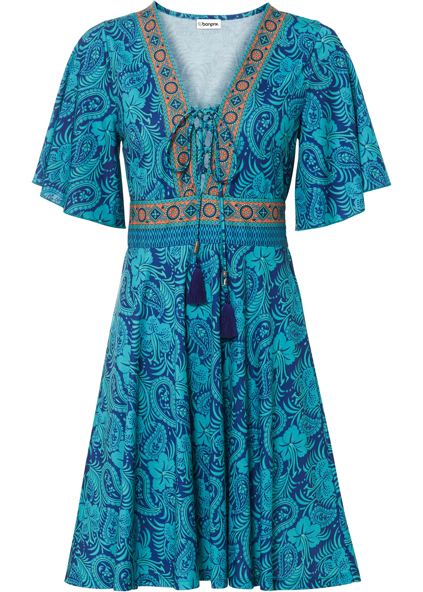 bonprix Robe en jersey ausgestellte Passform, Kurzarm, mit Schnürung und Bindeband