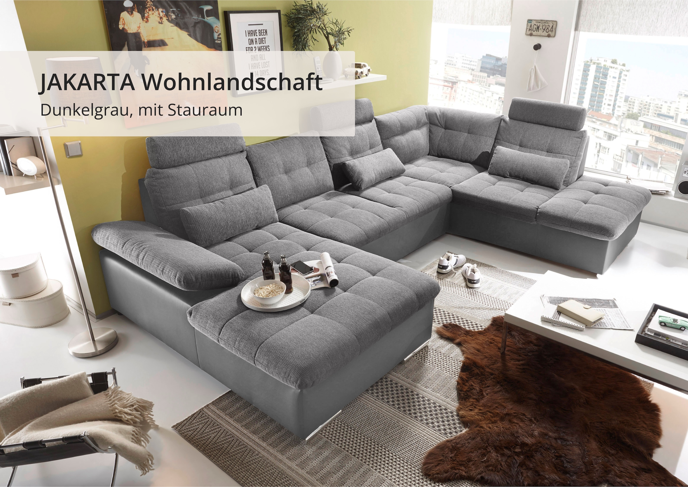 ED EXCITING DESIGN Wohnlandschaft »Jakarta U-Form mit Bettfunktion, Bettkasten« Armteilverstellung, Kopfstützen & 3 Nierenkissen