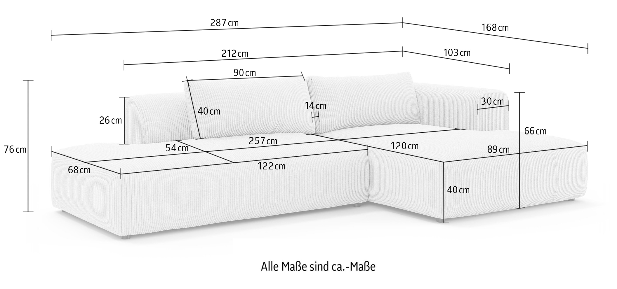 GOODproduct Canapé d'angle »TIARRA Design-Sofa mit Ottomane recht/links bestellbar, Breite 287 cm« L-Form mit hochelastischer Schaum und Wellenunterfederung