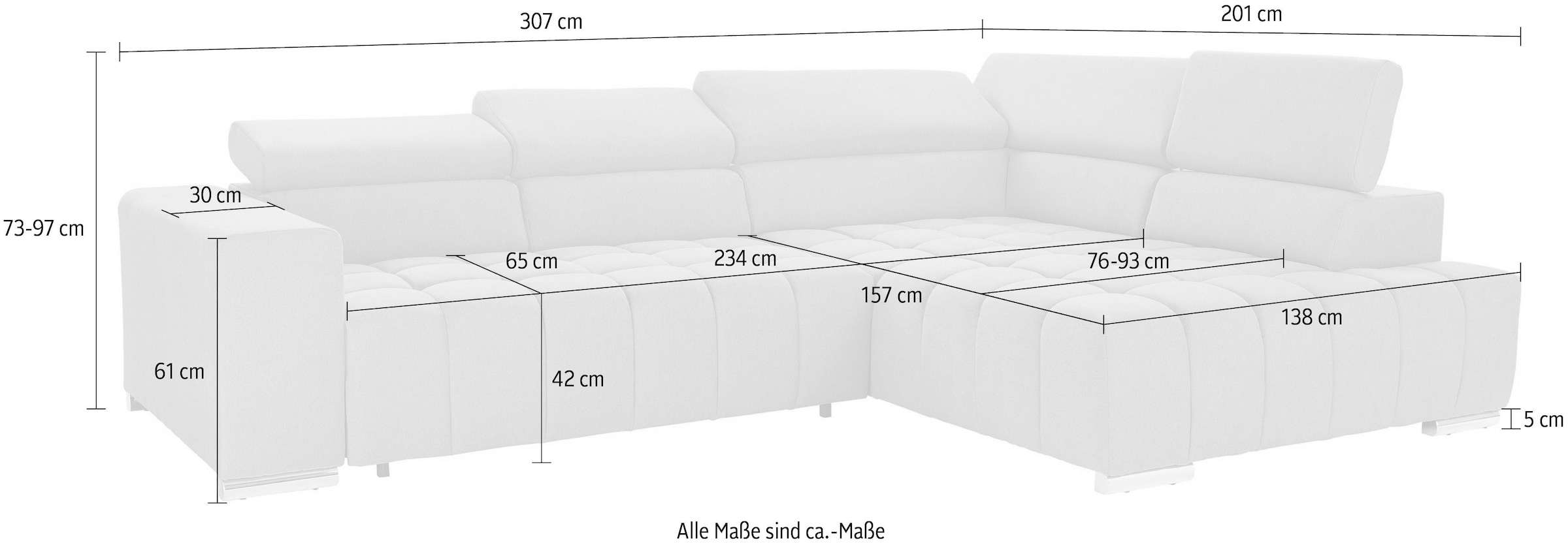 exxpo - sofa fashion Canapé d'angle »Elias, aktuelle Kreuzsteppung im Sitz, bequem, Breite 307cm, L-Form« mit Kopf- bzw. Rückenverstellung, wahlweise mit Bettfunktion