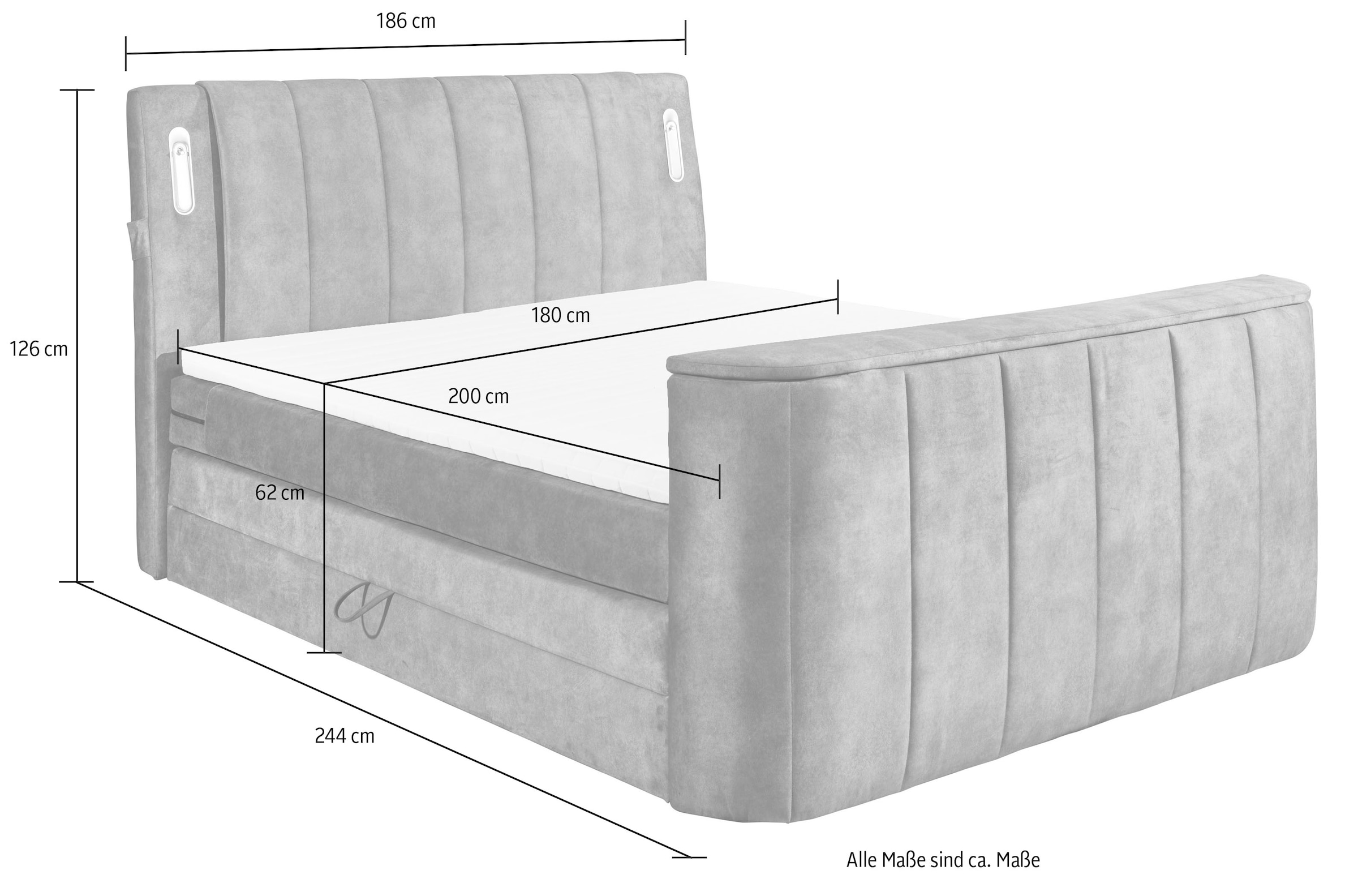 ED EXCITING DESIGN Boxspringbett »Dallas« 7 Stk. tlg. inkl. Topper, LED-Beleuchtung, TV Halterung und zwei Bettkästen