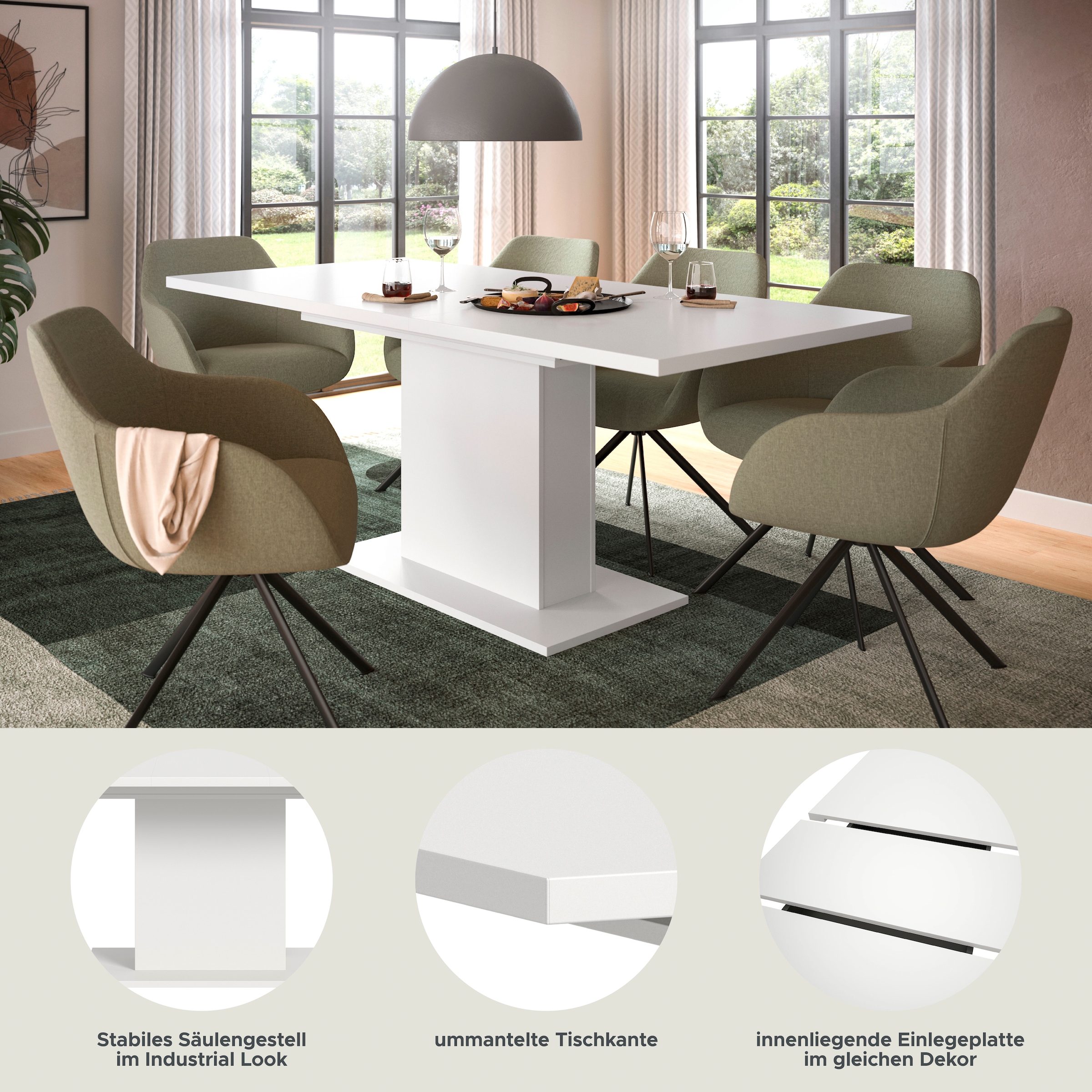 Home affaire Esstisch »Motus, ausziehbar 150 -190 cm, inklusive 40 cm Einlegeplatte« Set, 1 Stk. tlg. Säulengestell mit Bodenplatte, Tisch, Küchentisch, Esszimmer, Küche