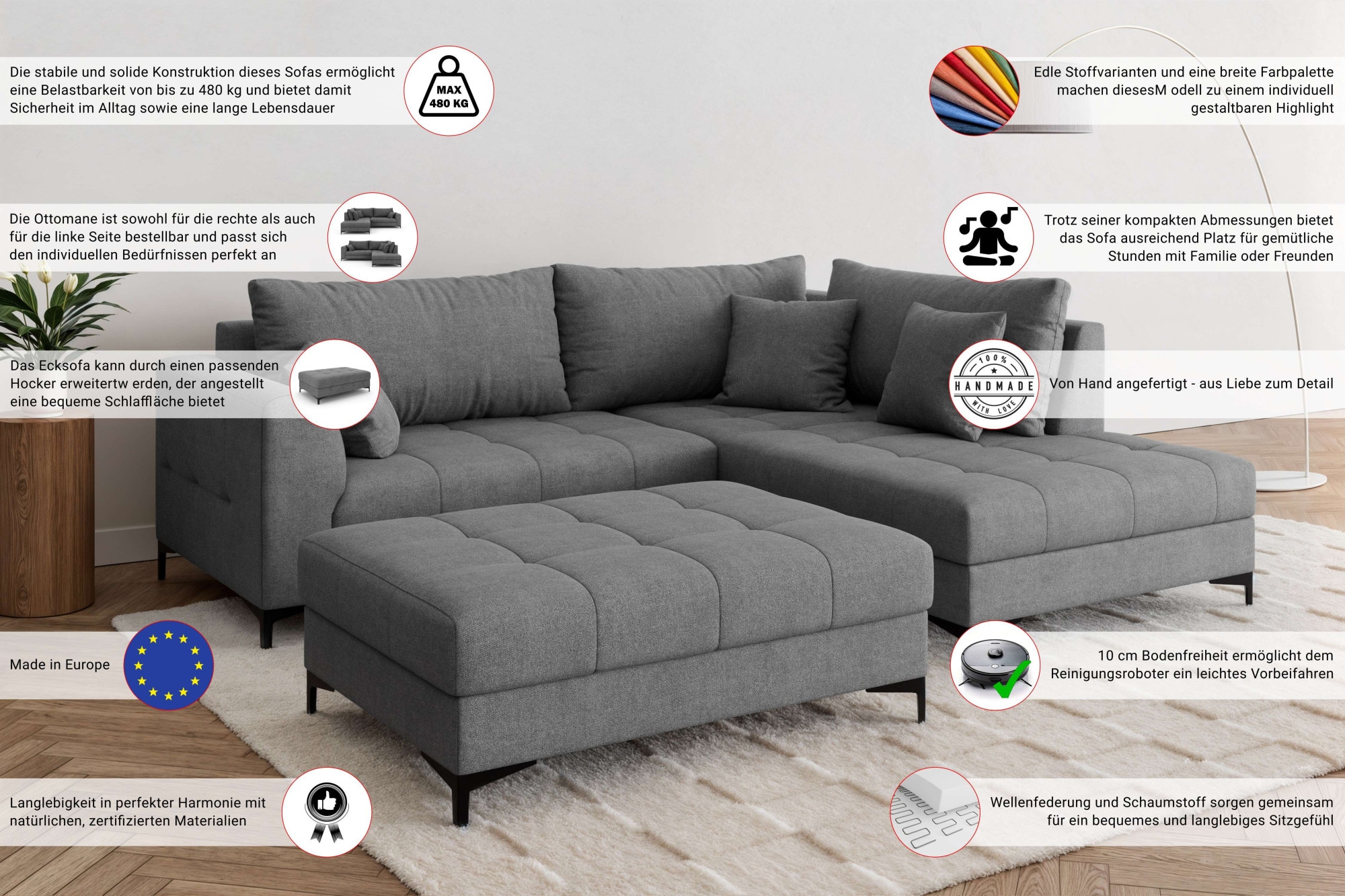 GOODproduct Polsterhocker »LEEVKE Sitzhocker passend zum Sofa, Breite 115 cm« mit hochelastischer Schaum und Wellenunterfederung