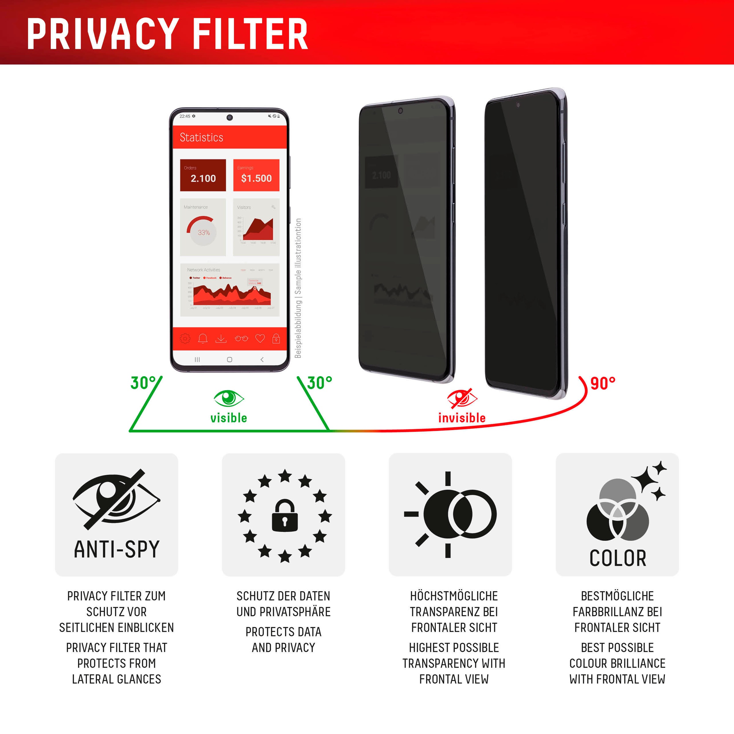 Displex Verre de protection d'écran »Privacy Glass« für Samsung Galaxy S24+;Samsung Galaxy S25+ Blickschutz Displayschutzfolie Displayschutz kratzer-resistent 10H