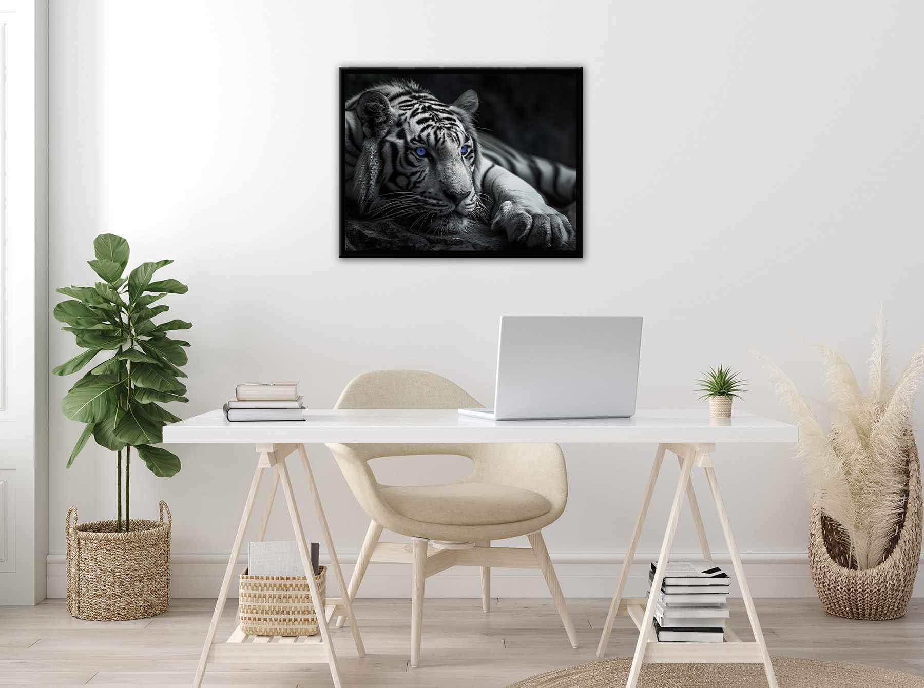 Bönninghoff Tableau avec cadre »Wandbild gerahmt TIGER MIT BLAUEN AUGEN 40x50 cm – Tierbild Natur« Animaux sauvages | Félins | Tigre avec cadre décoratif